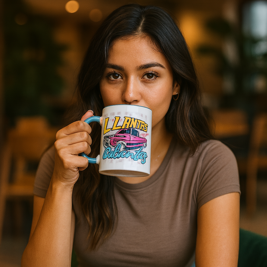 Llantas Calientes colorful accent coffee mug with vibrant truck design and blue handle