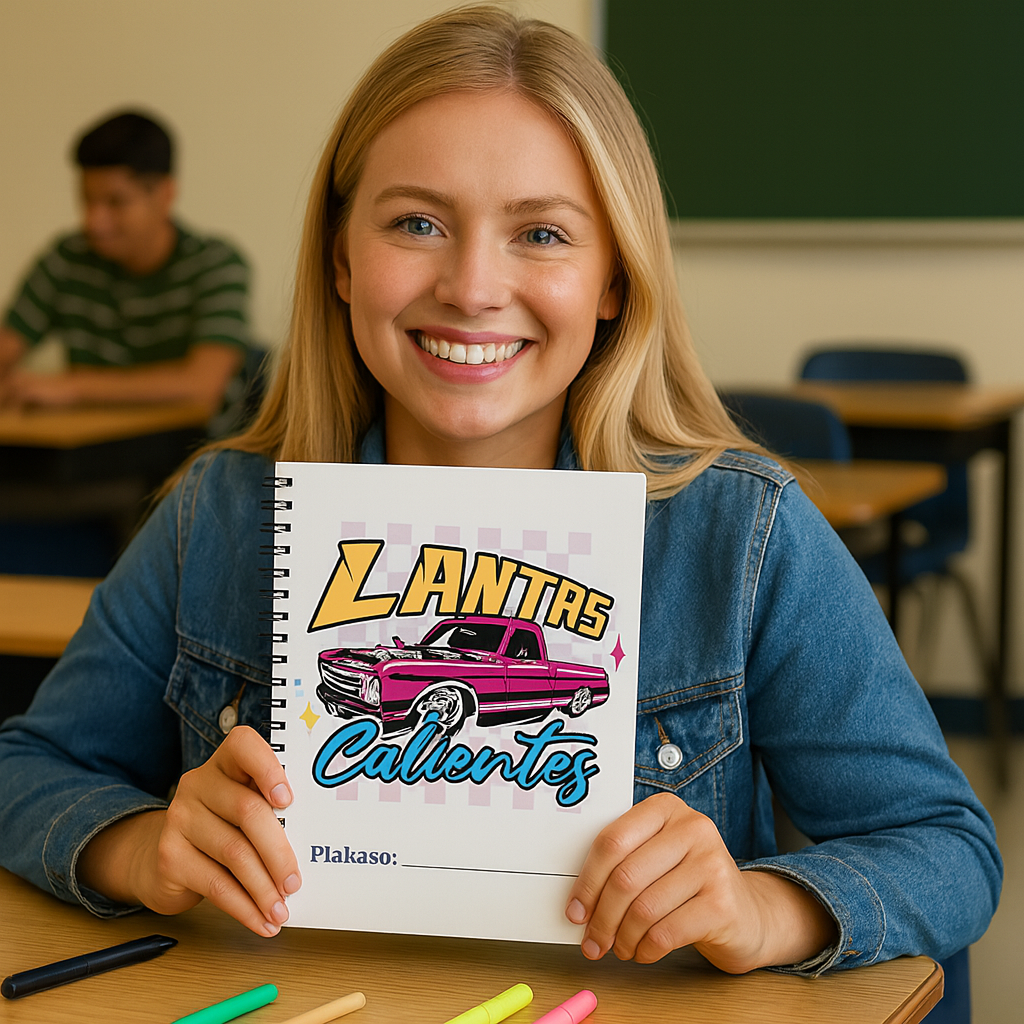 Llantas Calientes spiral notebook with colorful retro truck cover design
