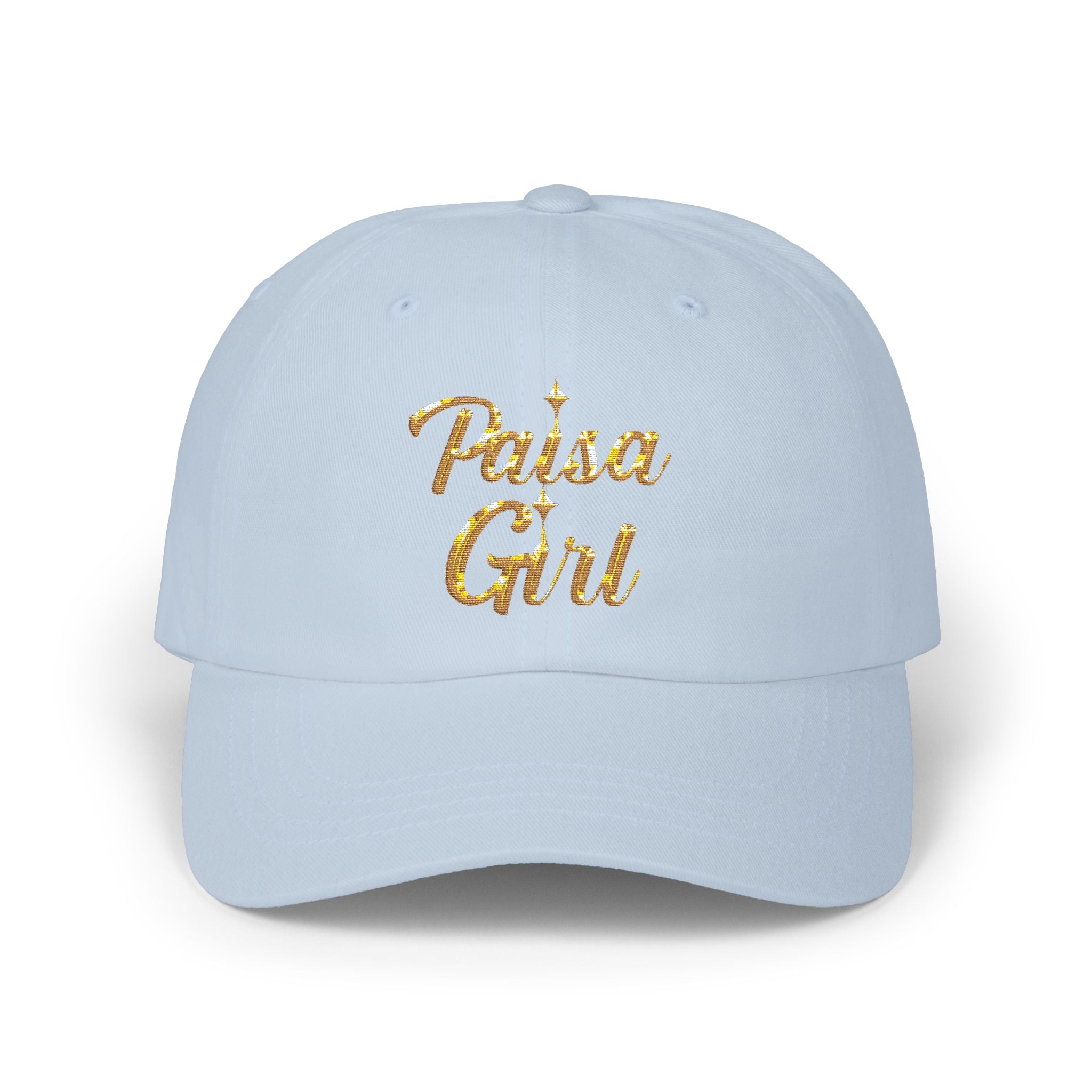 Side angle showing Paisa Girl Cap with Colorful Embroidery in high-resolution detail, paisa girl hat light blue