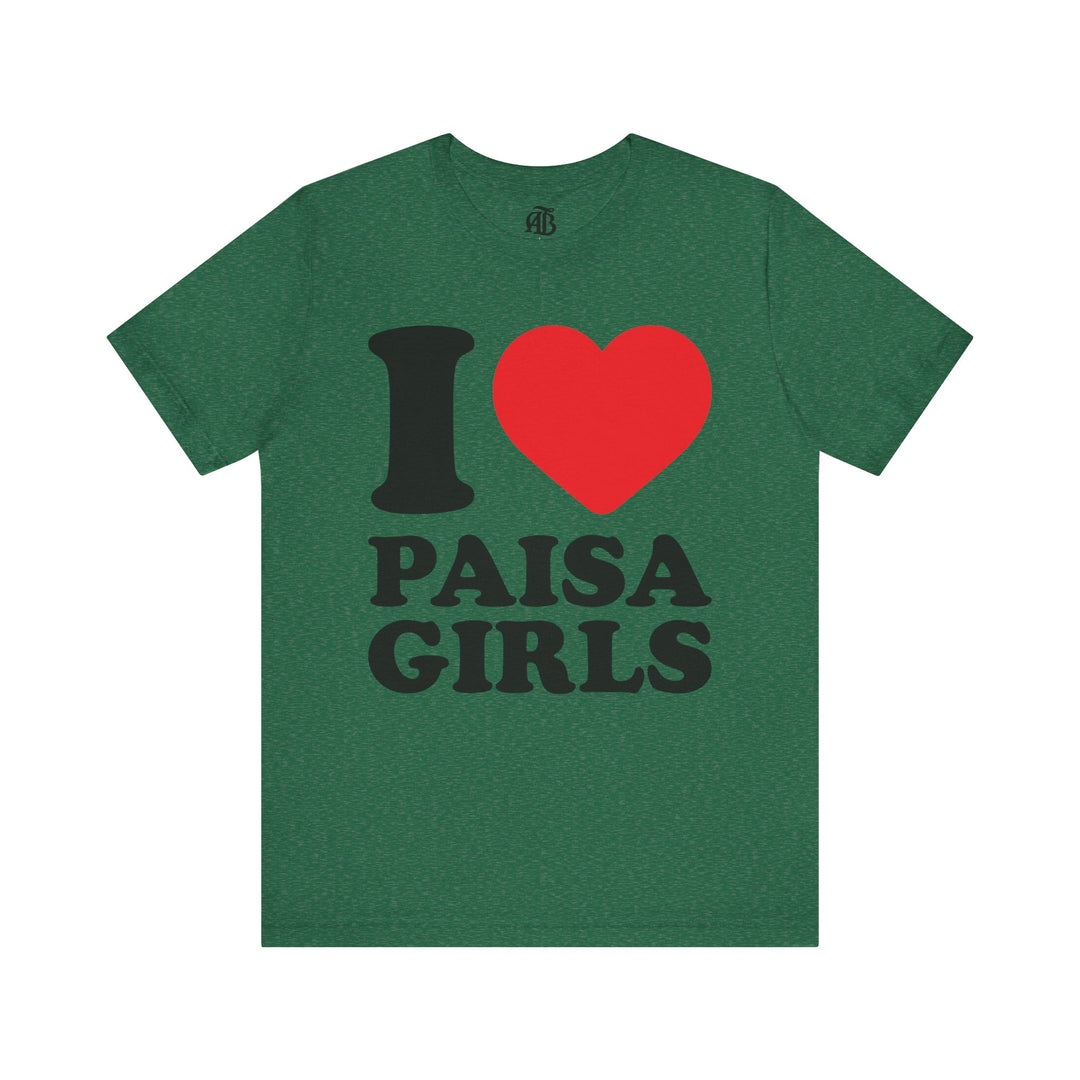 Couples matching t-shirt idea featuring I Love Paisa Girls slogan