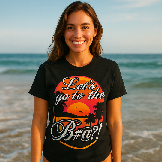 Let’s Go To The Beach t-shirt with bold paisa girl slogan