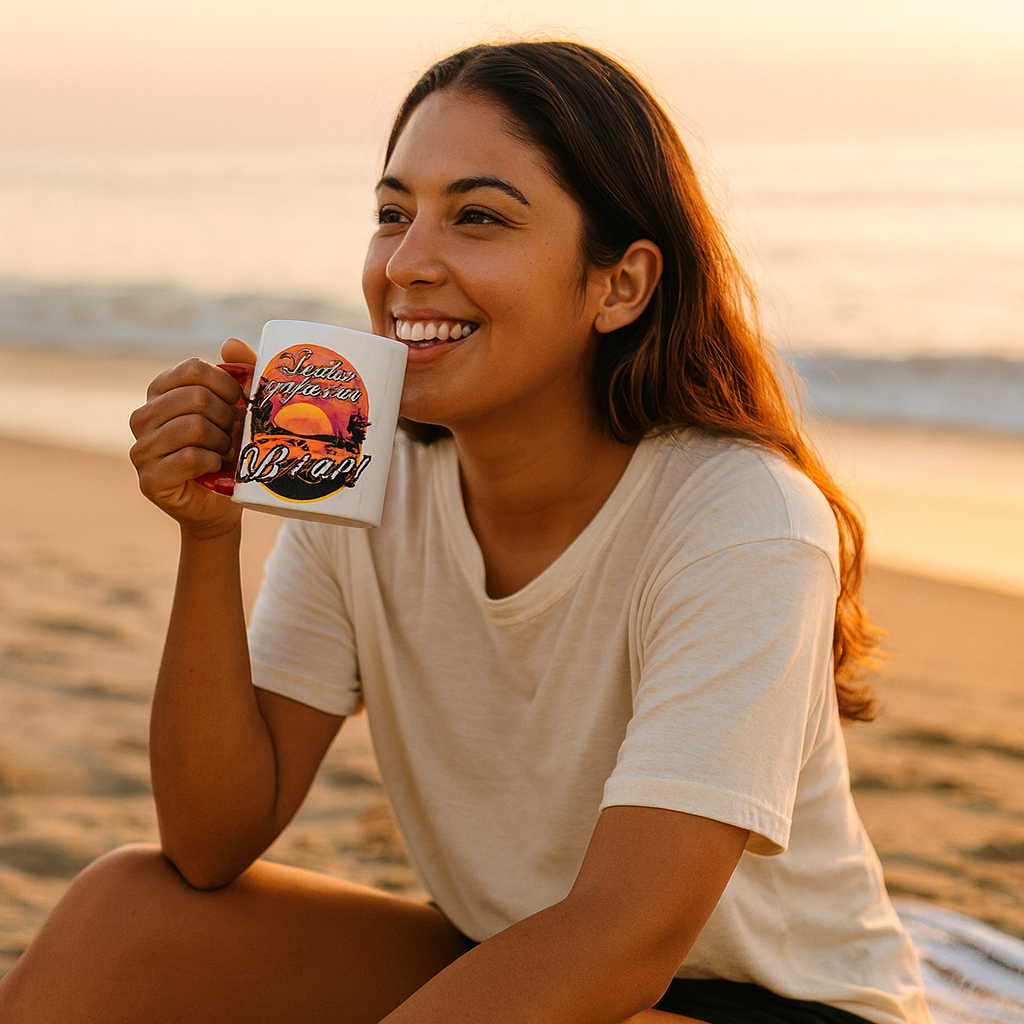 Let’s Go To The Bitch, Let’s Go To The Bitch colorful accent coffee mug with palm tree sunset design, red