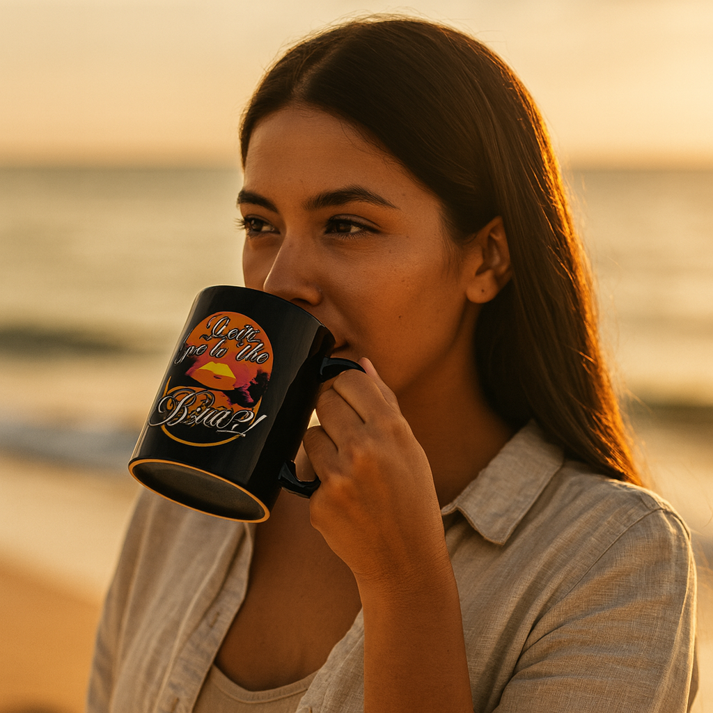 Let’s Go To The B@$#! black ceramic mug with colorful sunset and palm trees