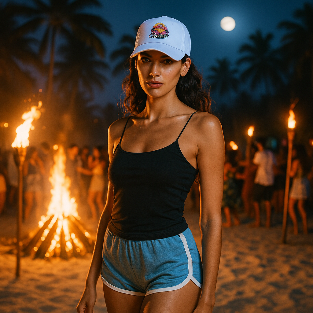 Front view of beige dad cap with embroidered sunset and palm tree design – Let’s Go to the Bitch Hat