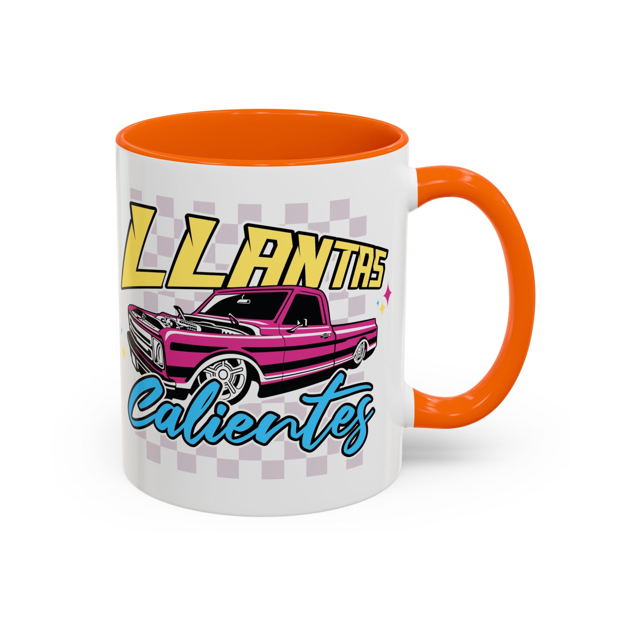 Retro style Llantas Calientes accent coffee mug with hot pink truck graphic and bold lettering