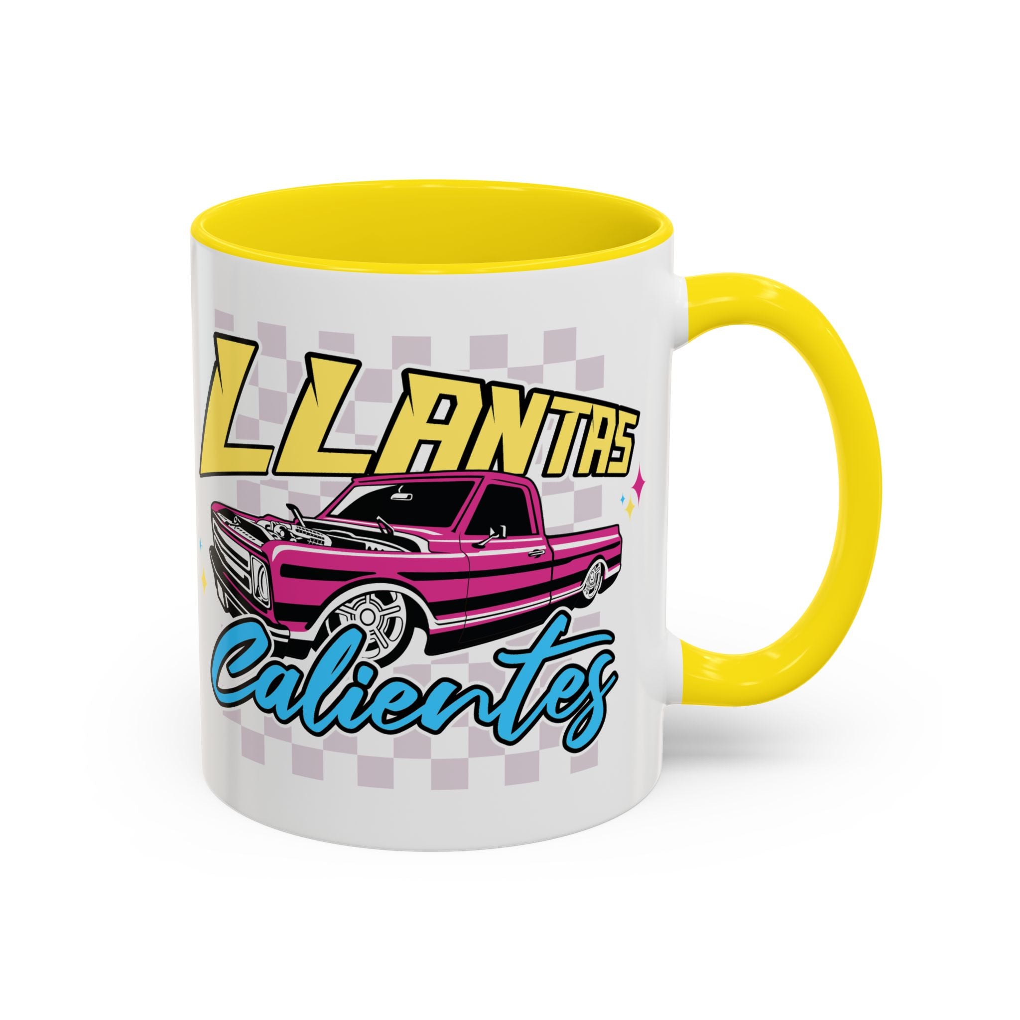 Trendy car enthusiast ceramic mug with colorful design and yellow handle