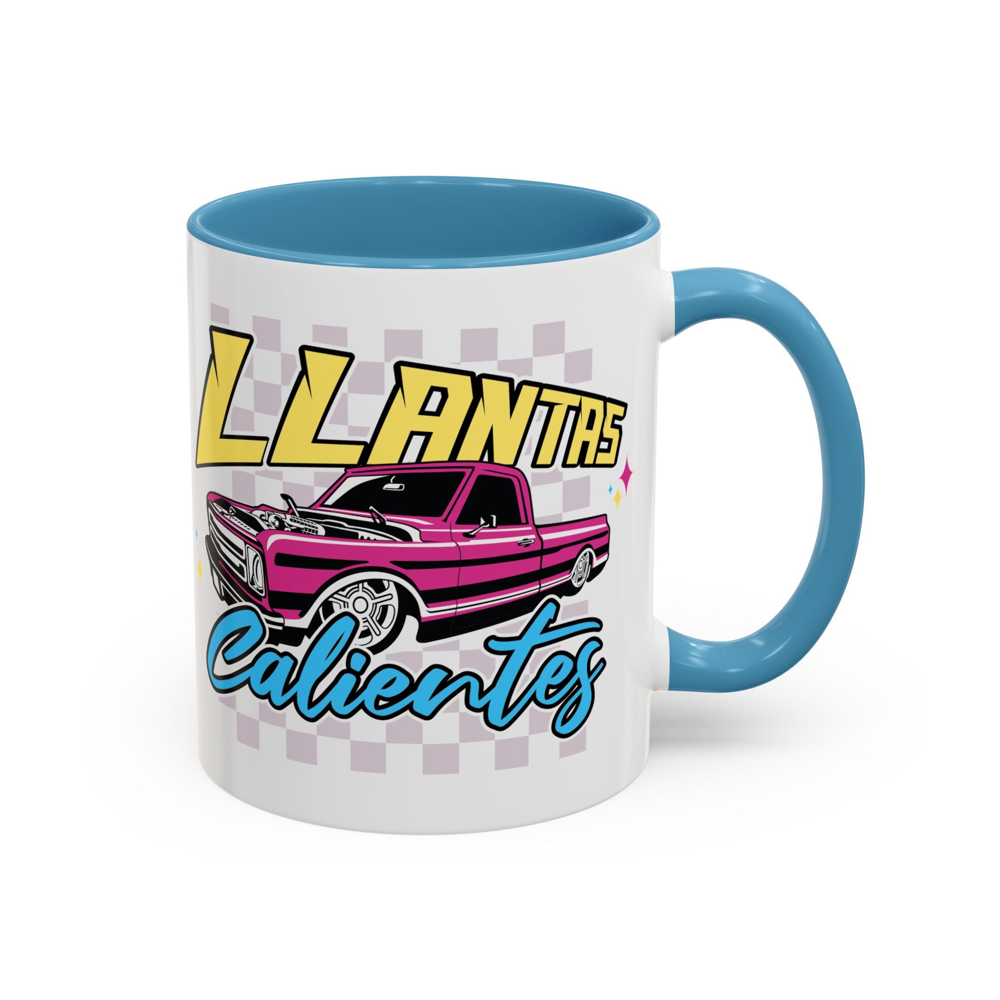 Llantas Calientes colorful accent coffee mug with vibrant truck design and blue handle