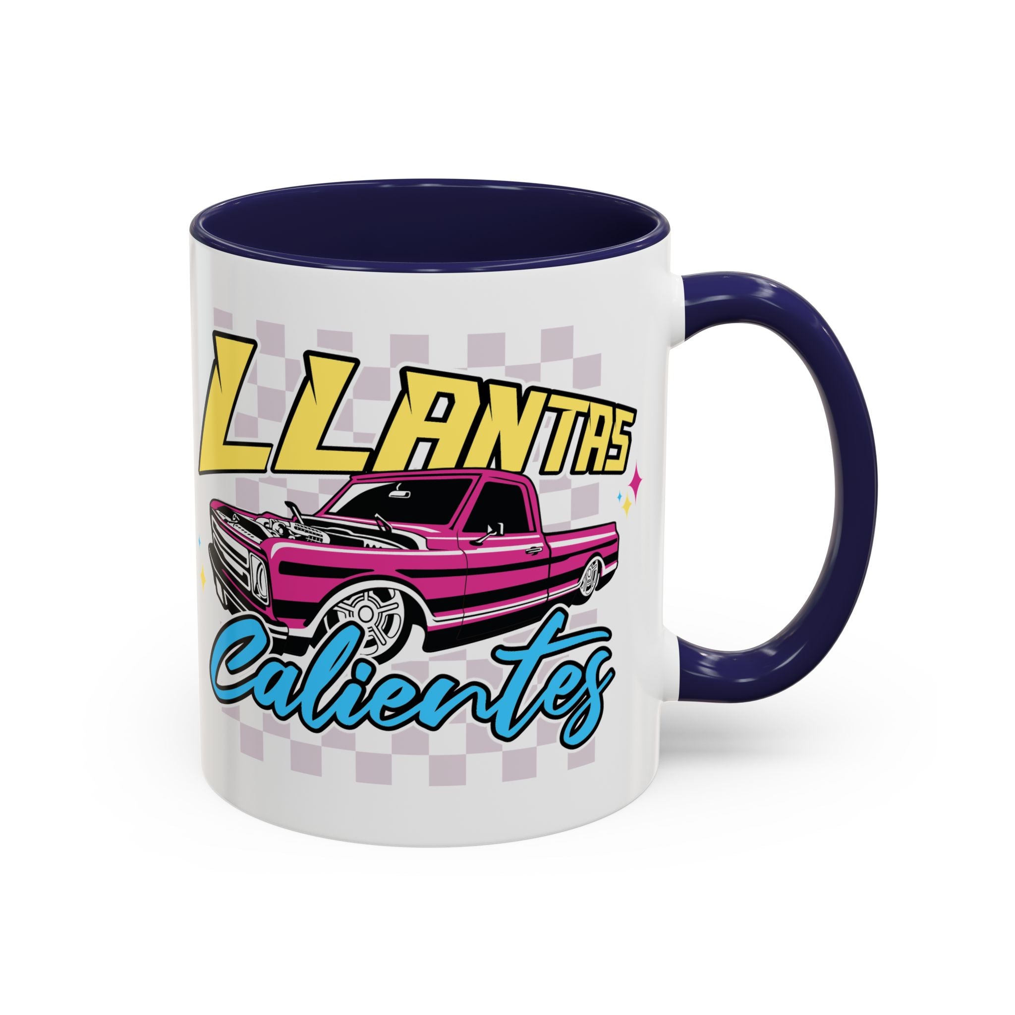 Close-up of Llantas Calientes fun art coffee mug with colorful handle