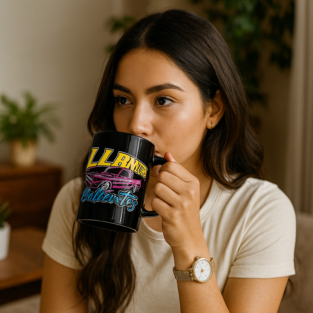 Llantas Calientes black ceramic coffee mug with colorful retro truck design”