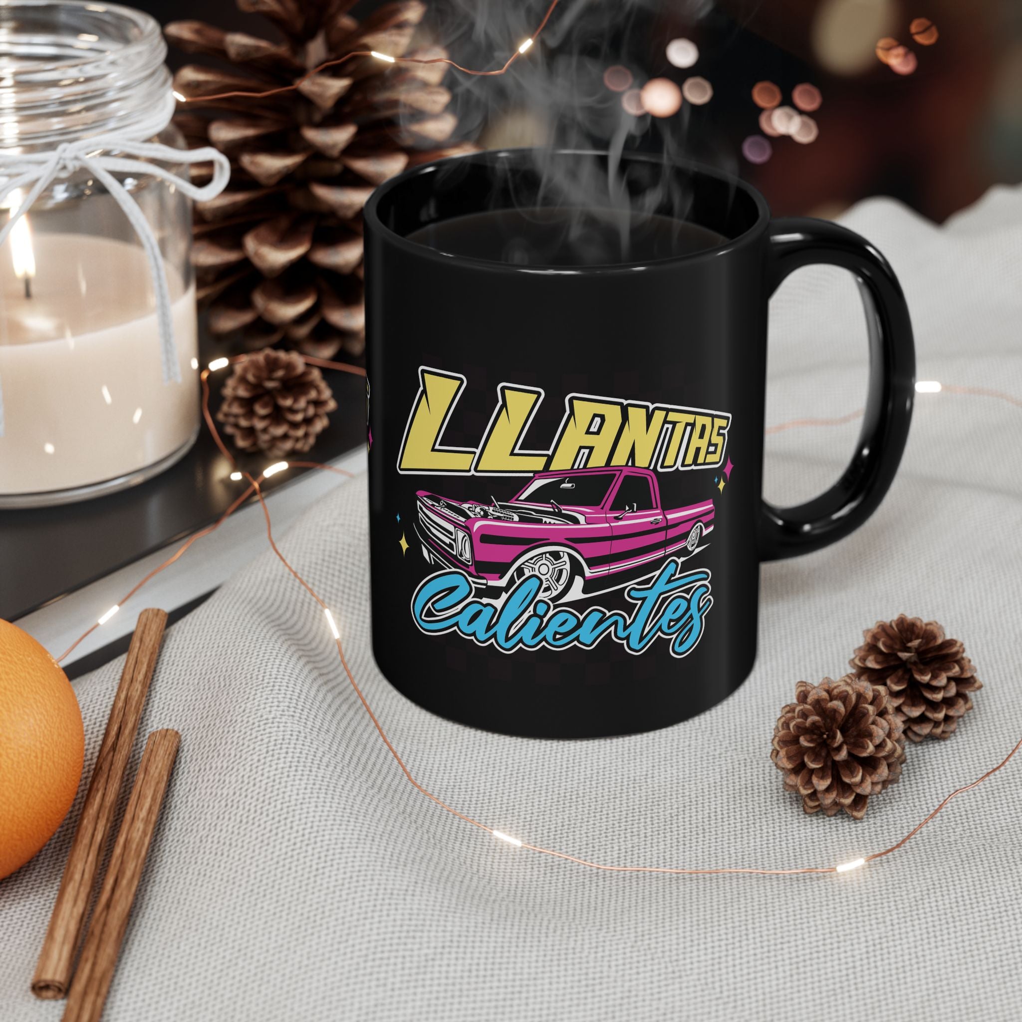 Car culture inspired black accent mug with bold paisa artwork