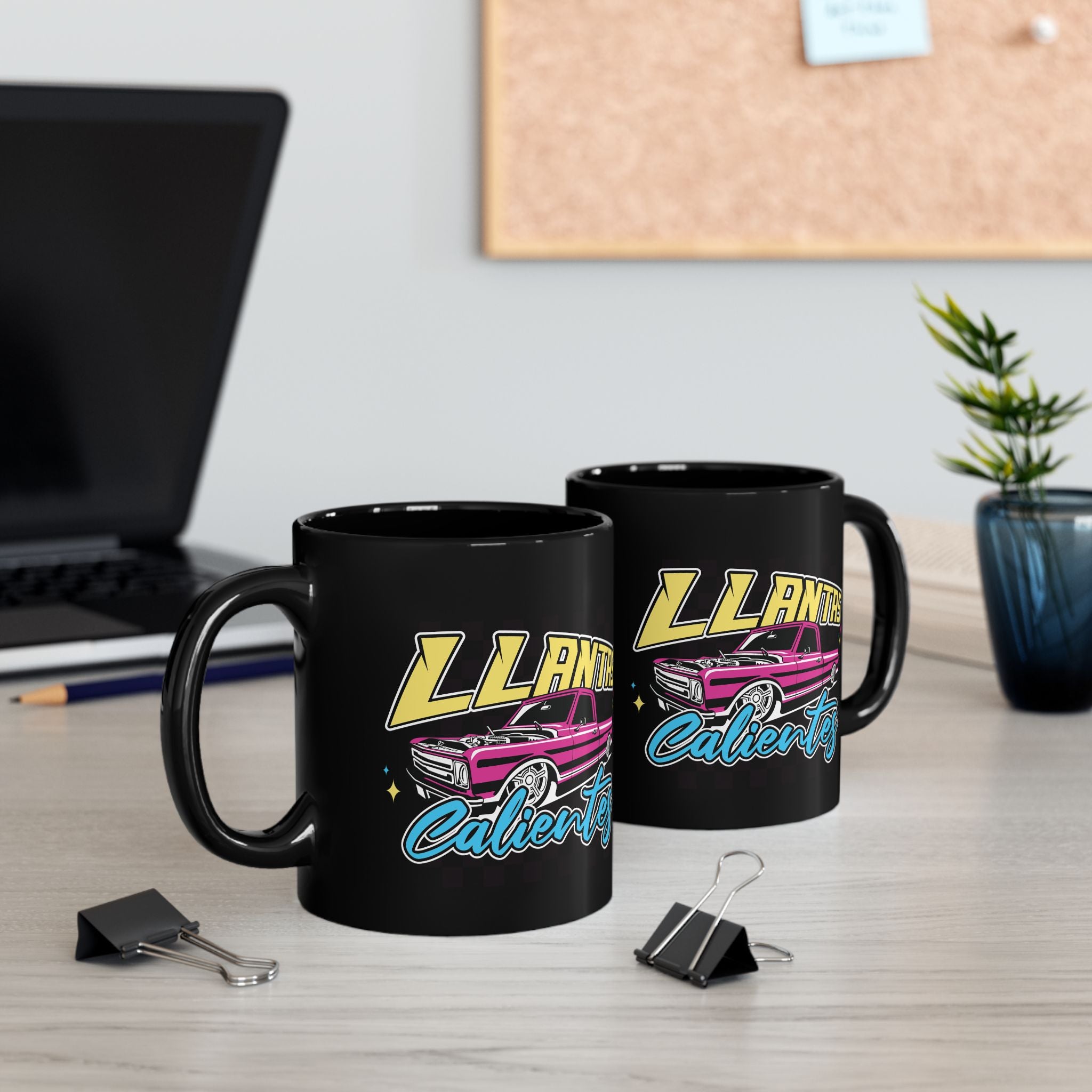 Unique automotive coffee mug featuring lowrider-style truck art