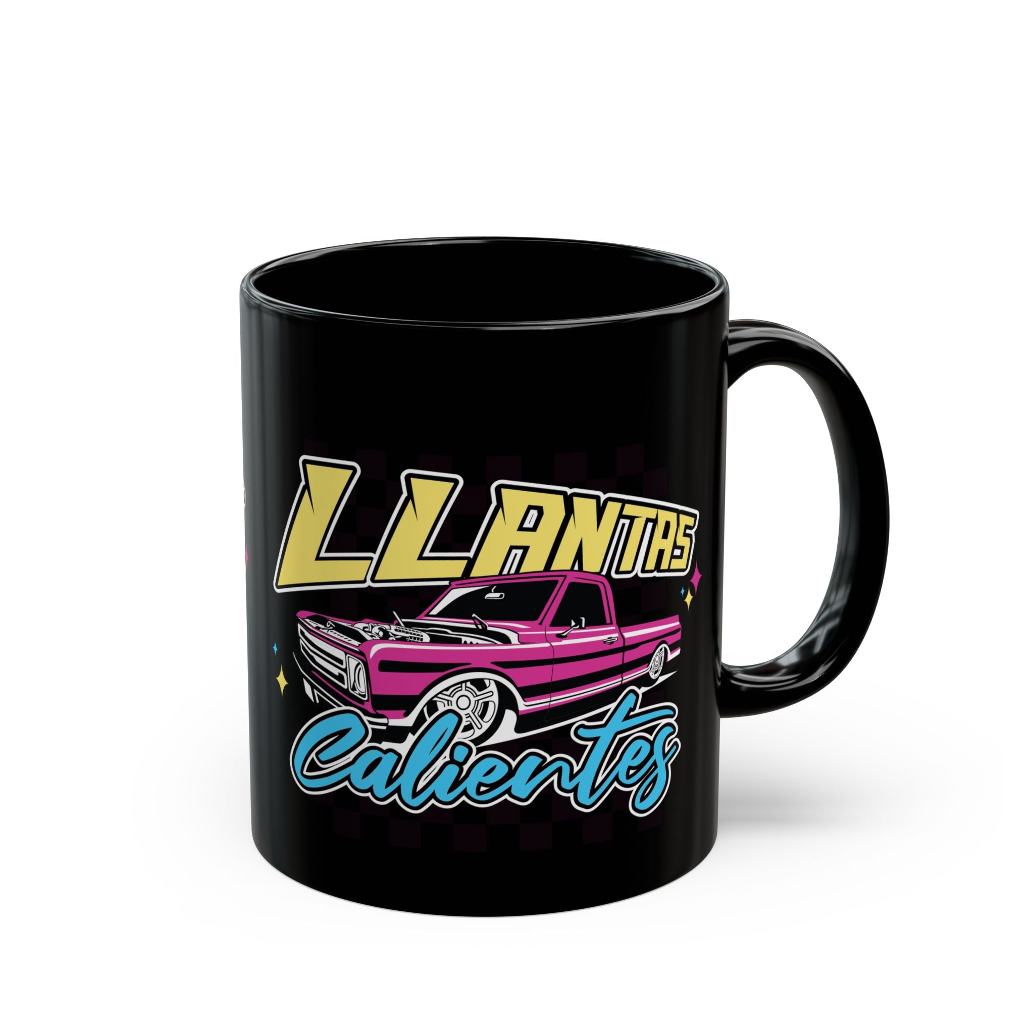 Glossy black ceramic coffee cup with vibrant hot pink truck graphic