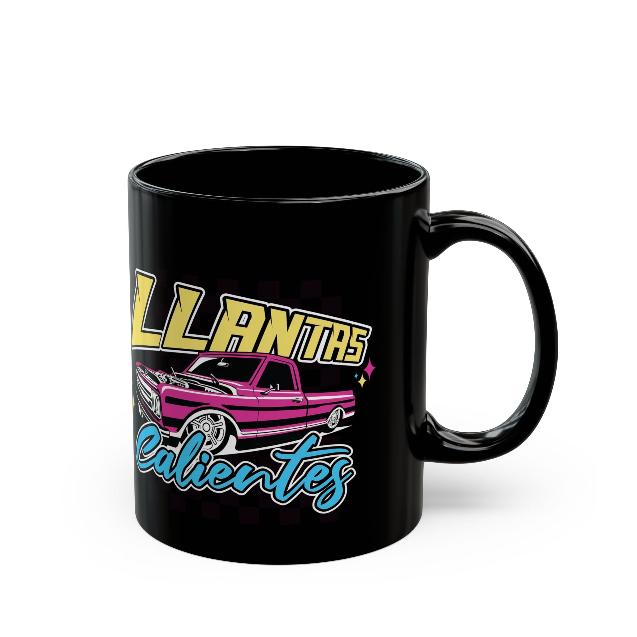Stylish black coffee mug with colorful car culture artwork and bold lettering