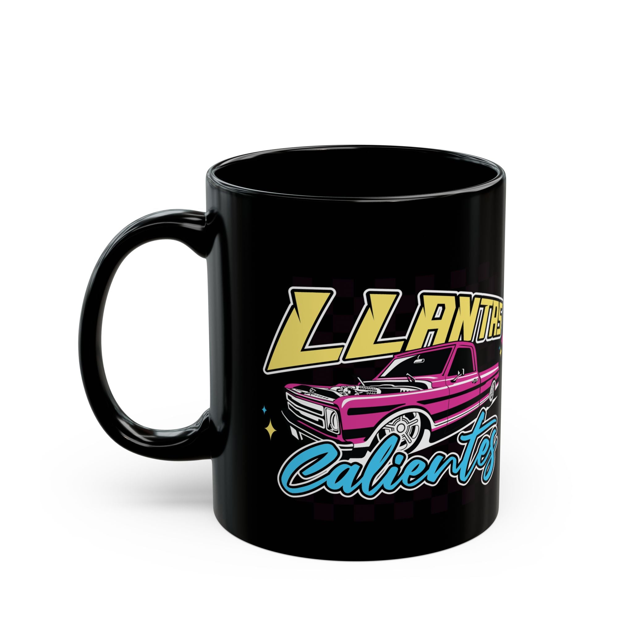 Custom ceramic black mug featuring vibrant Llantas Calientes retro design
