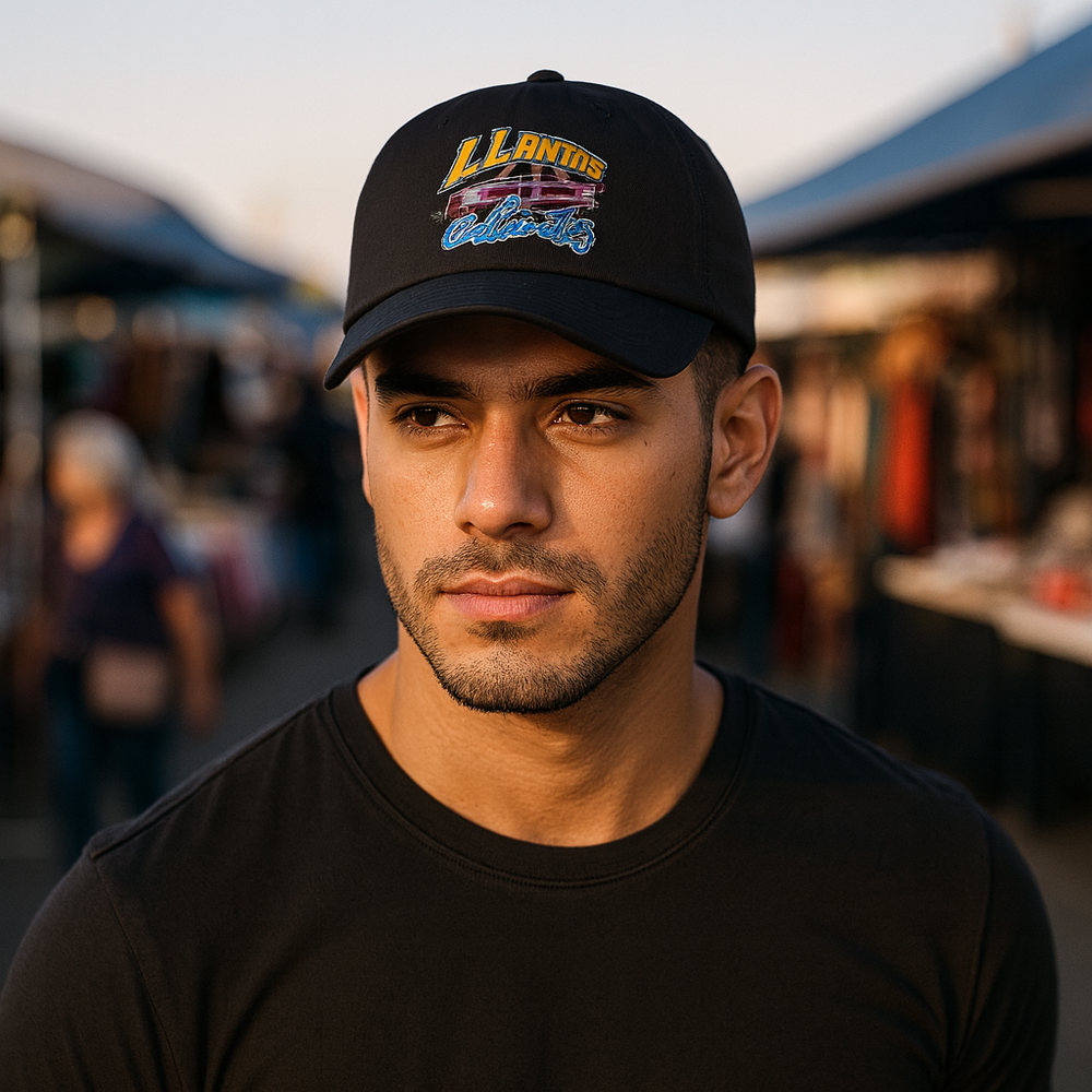 Trendy car culture baseball cap featuring bold embroidered artwork