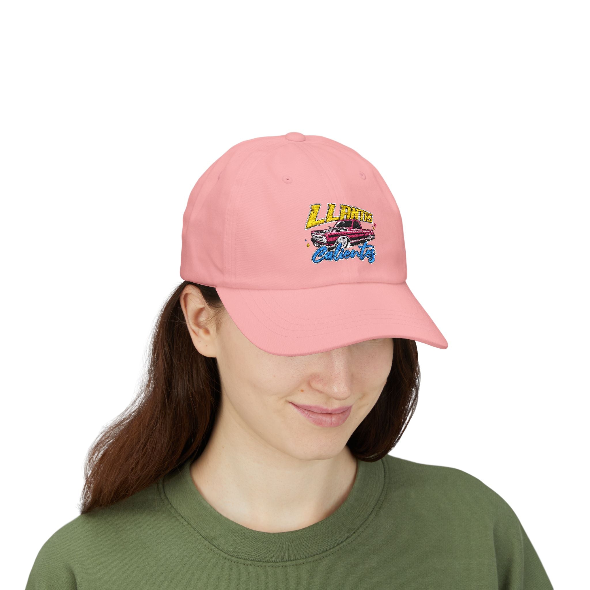 Stylish Hispanic culture hat featuring bold pink truck embroidery