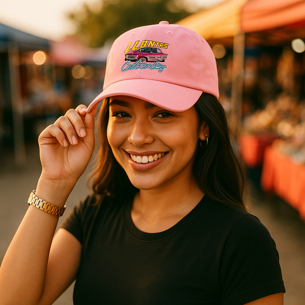 Llantas Calientes black dad hat with colorful embroidered retro truck design