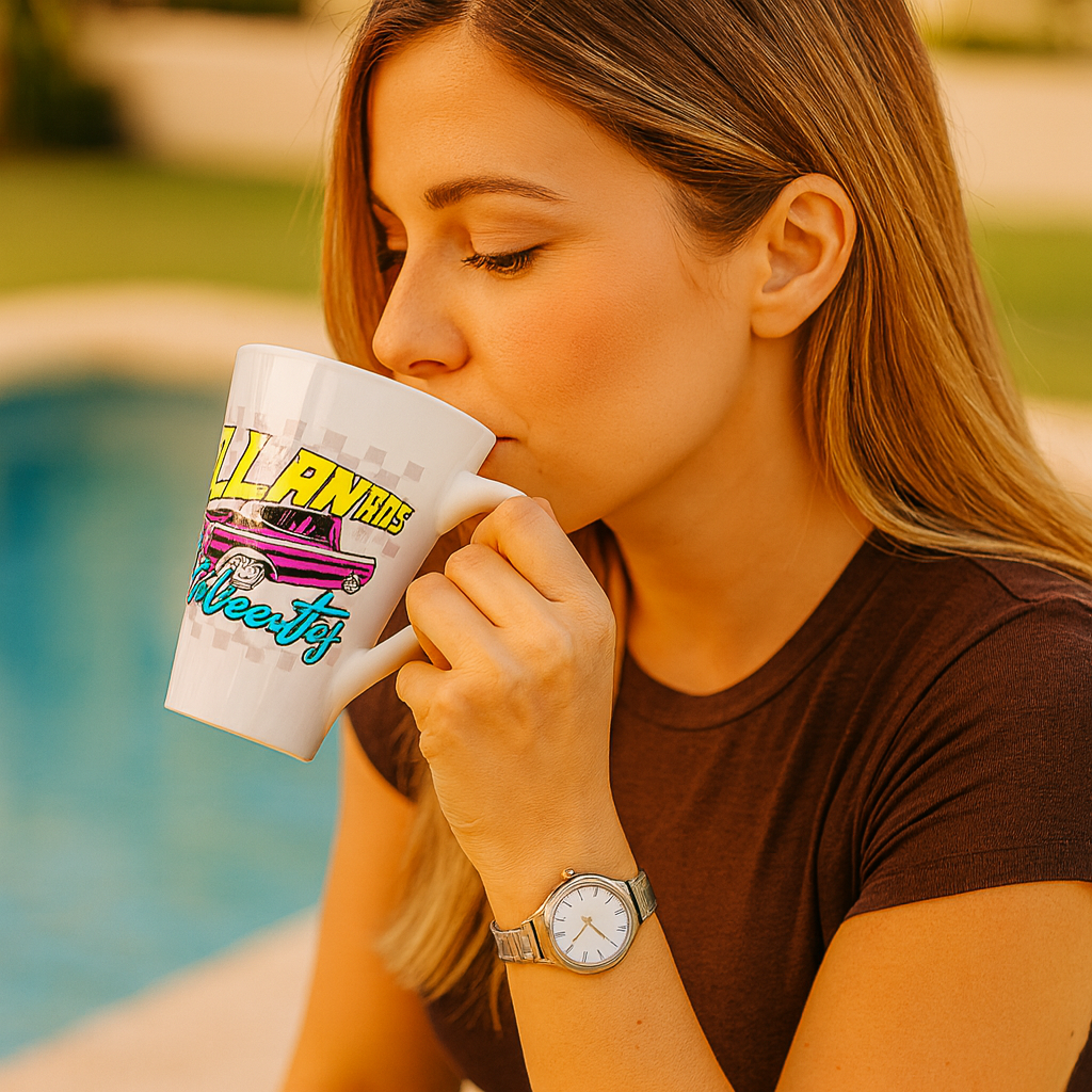 Llantas Calientes 12 oz latte mug with colorful retro truck design