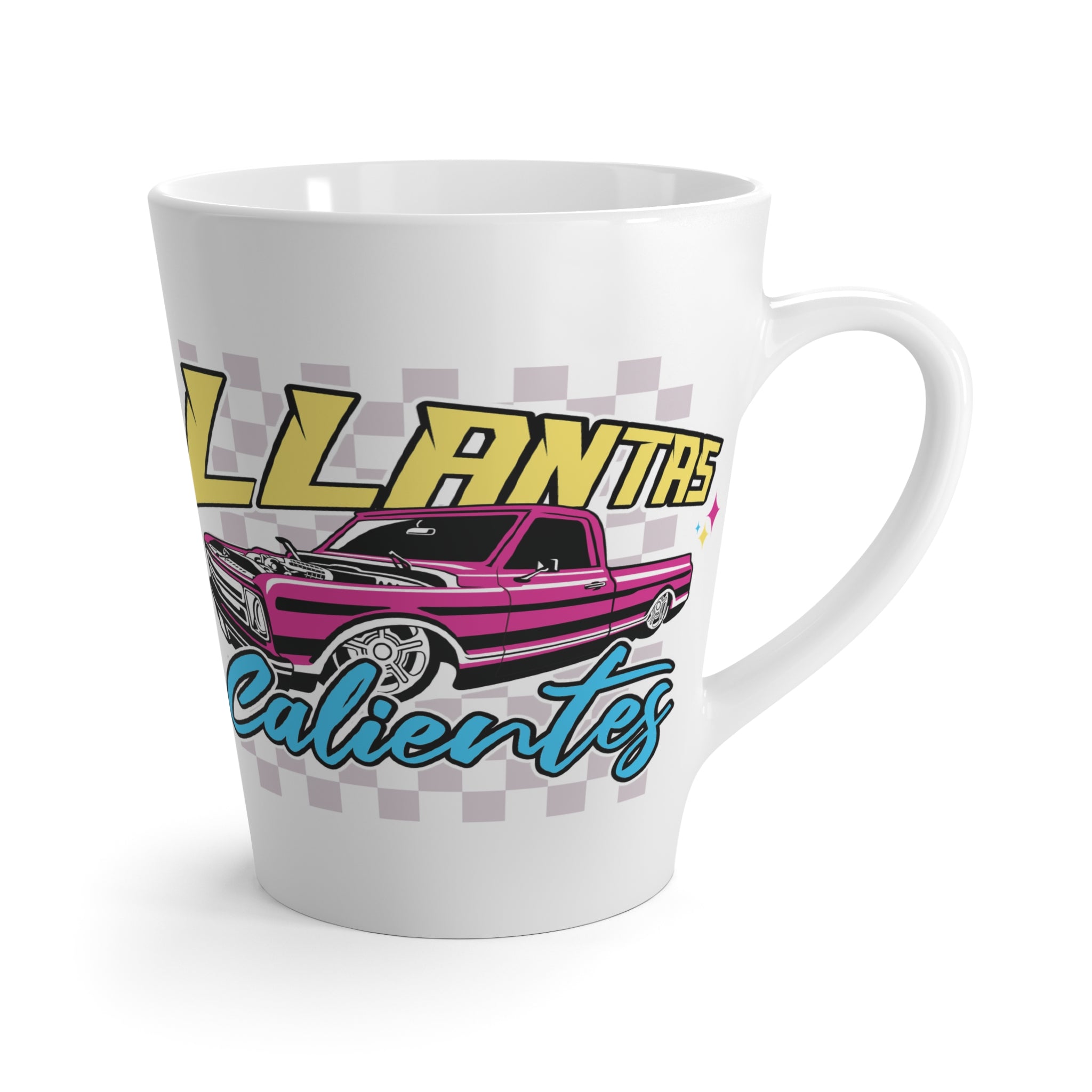 White tapered ceramic latte mug featuring bold car culture artwork