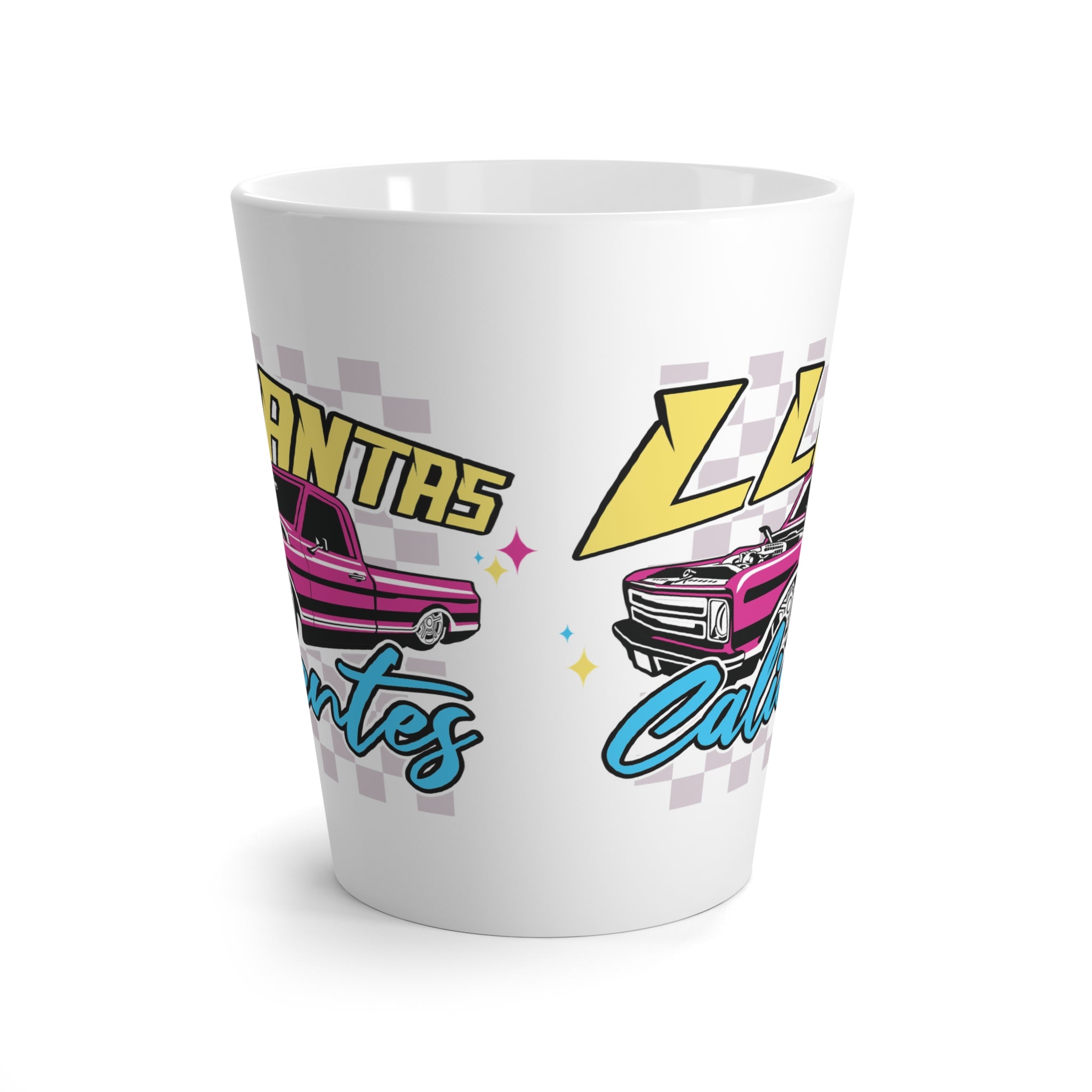 Stylish latte mug with paisa-inspired retro lowrider truck design