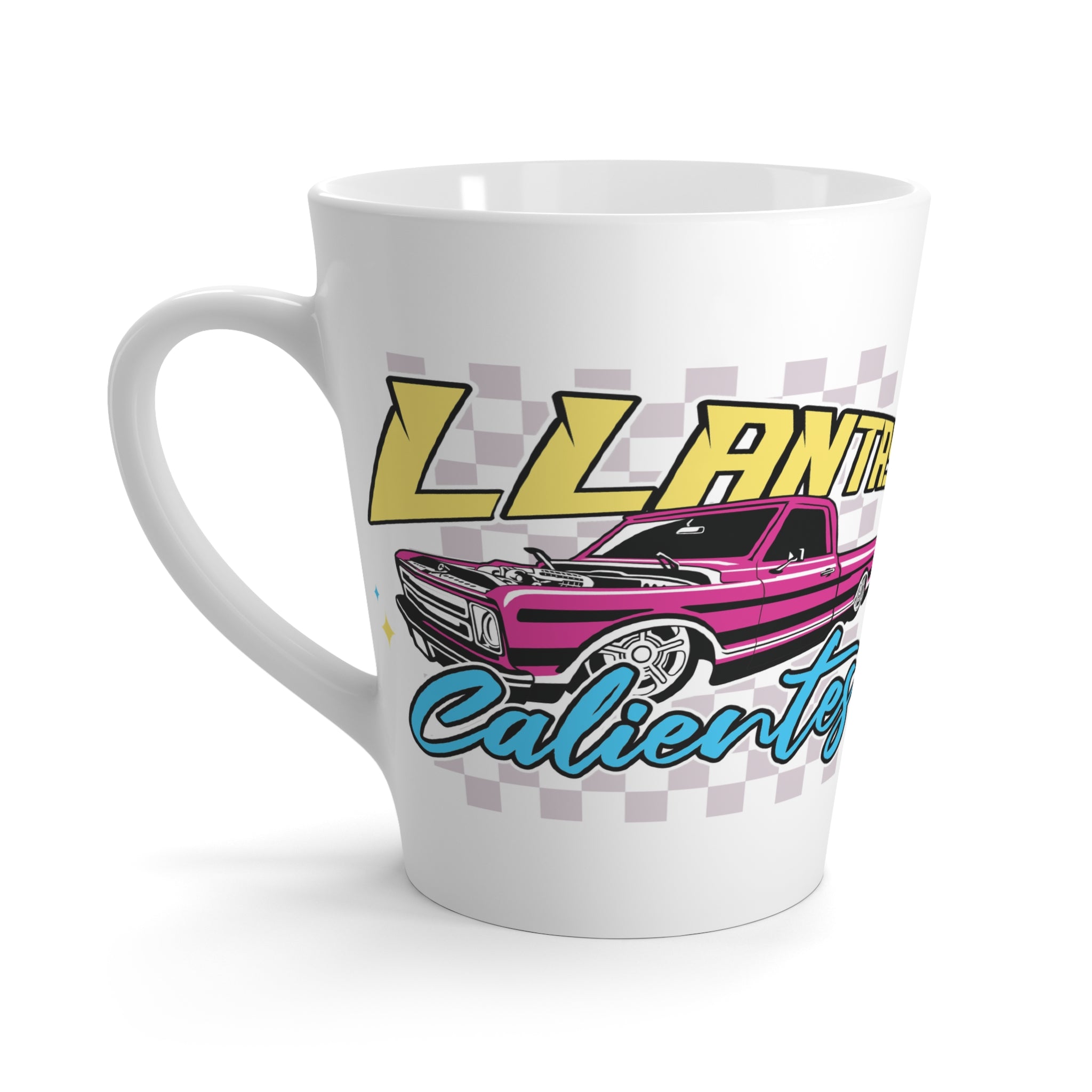 Durable 12 oz latte coffee mug with colorful automotive artwork