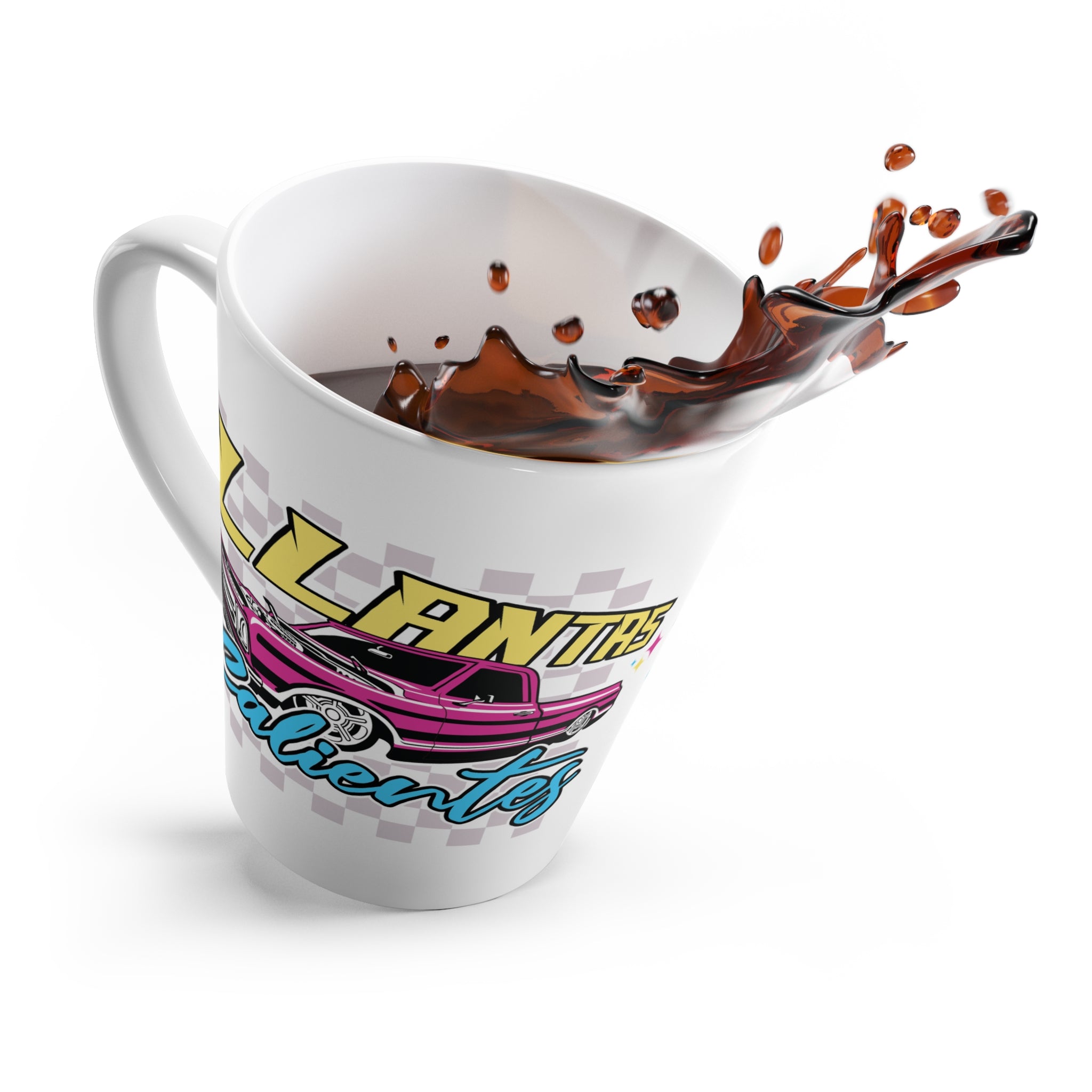Glossy ceramic mug with bold Llantas Calientes retro truck print