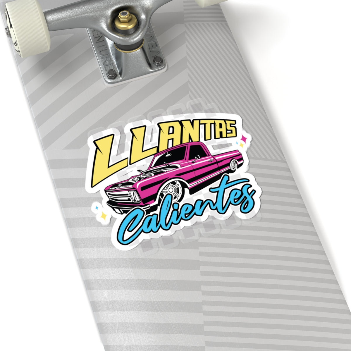 Trendy streetwear-inspired sticker with bold pink truck graphic