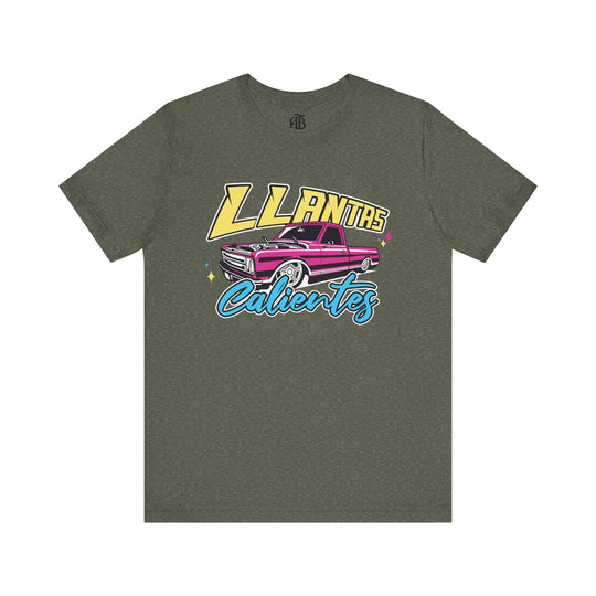 Bold cultural pride shirt with Llantas Calientes slogan for racing fans