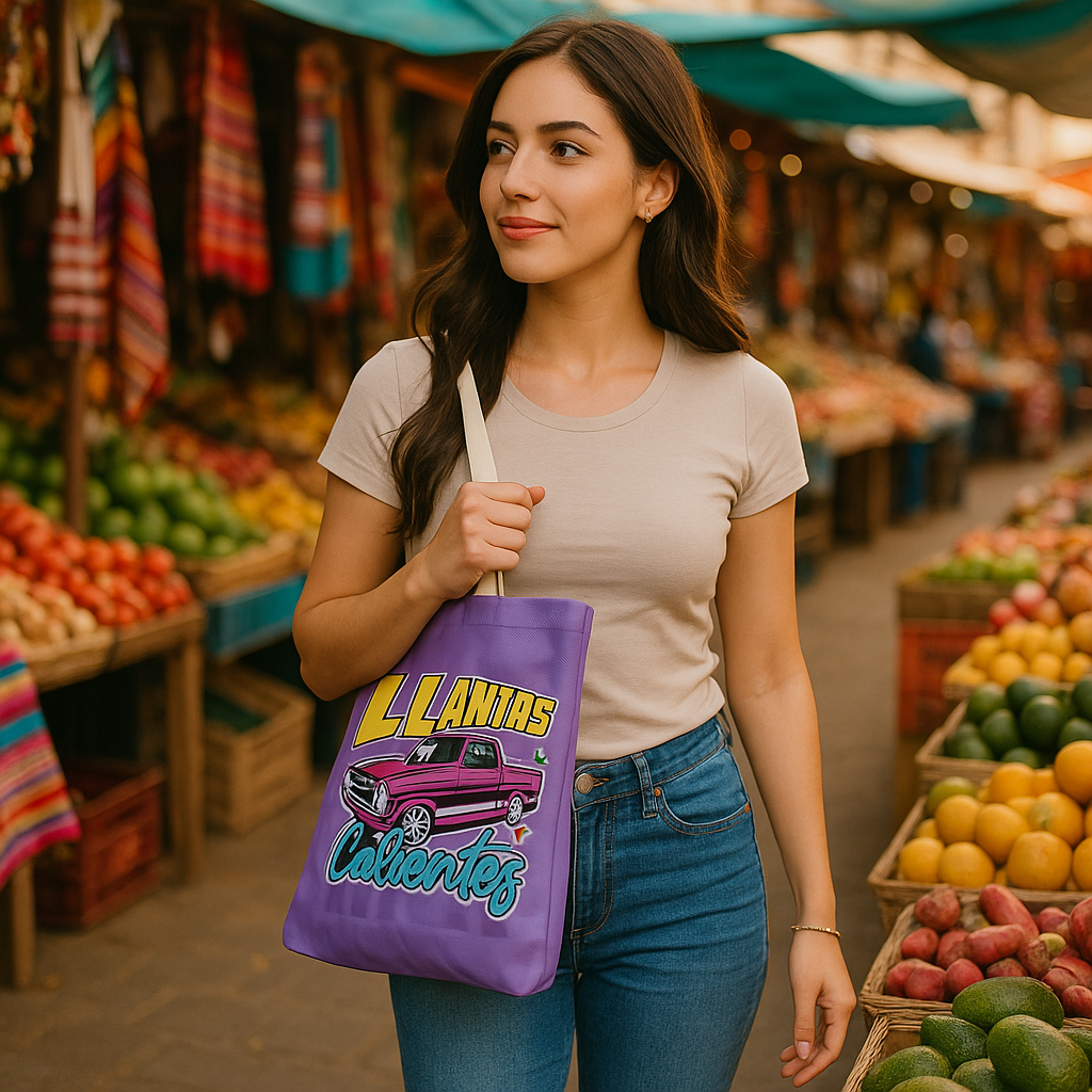 Purple tote bag with Llantas Calientes retro truck design
