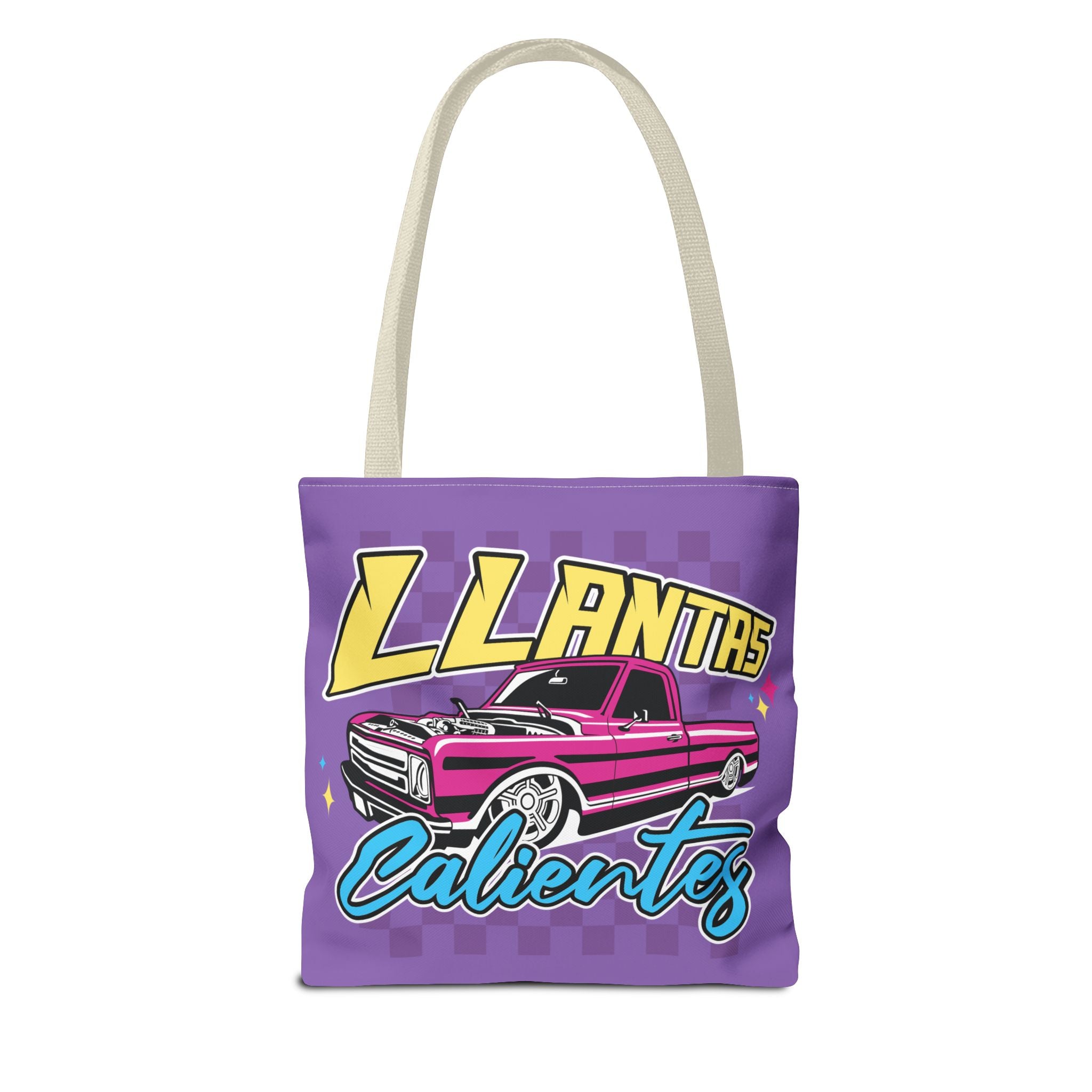 Car culture inspired tote bag in vibrant purple with bold artwork