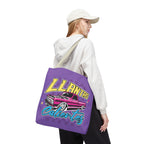 Purple shoulder bag with colorful lowrider truck graphic