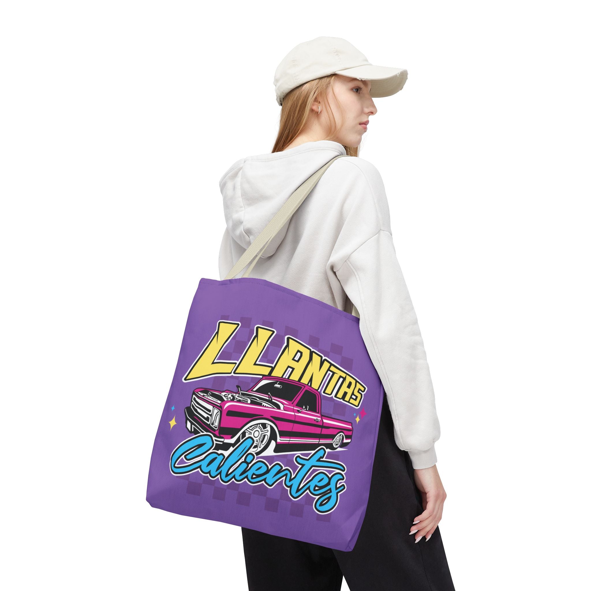 Purple shoulder bag with colorful lowrider truck graphic