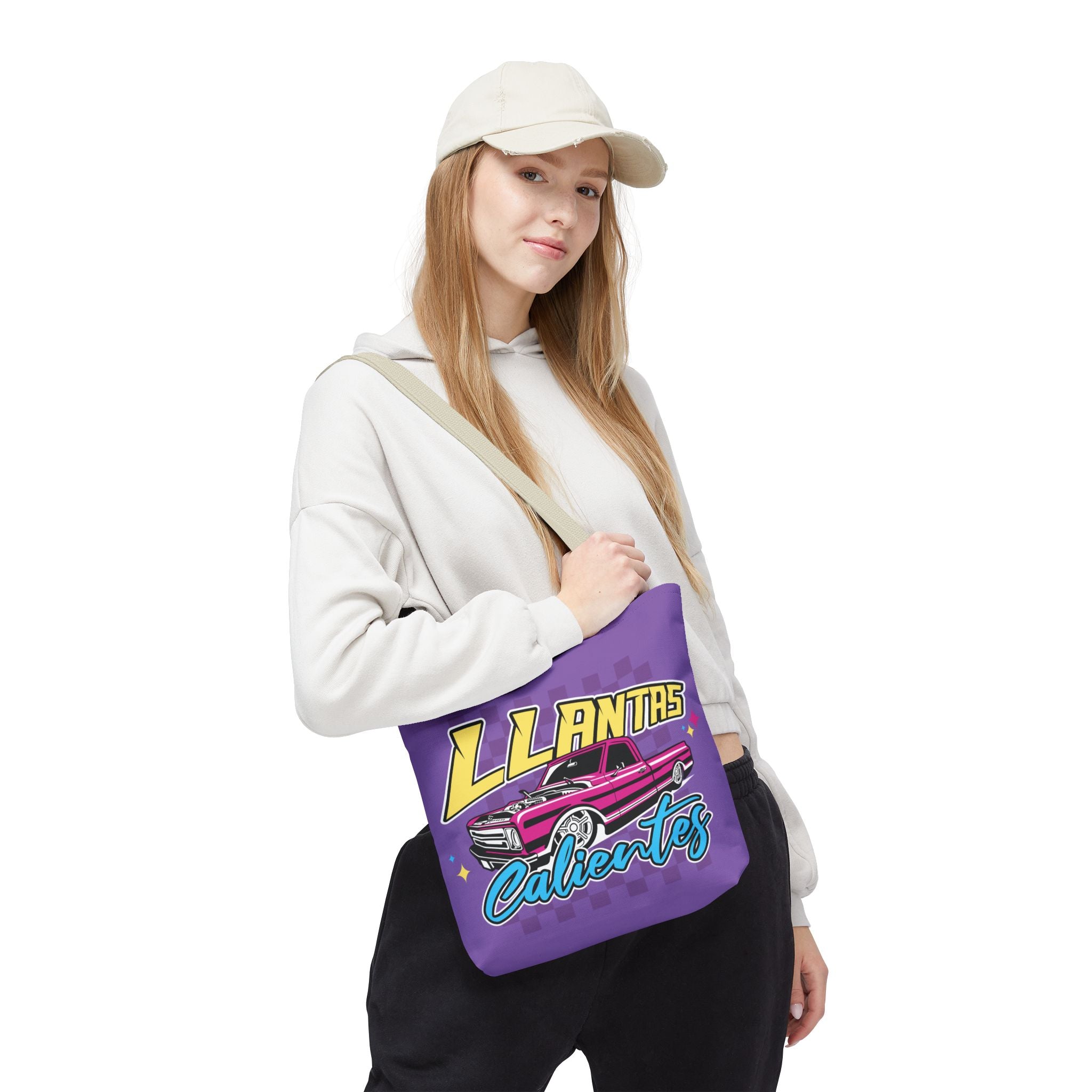 Durable fabric tote bag with colorful embroidery-style car graphic
