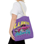 Purple market tote featuring Llantas Calientes lowrider car art