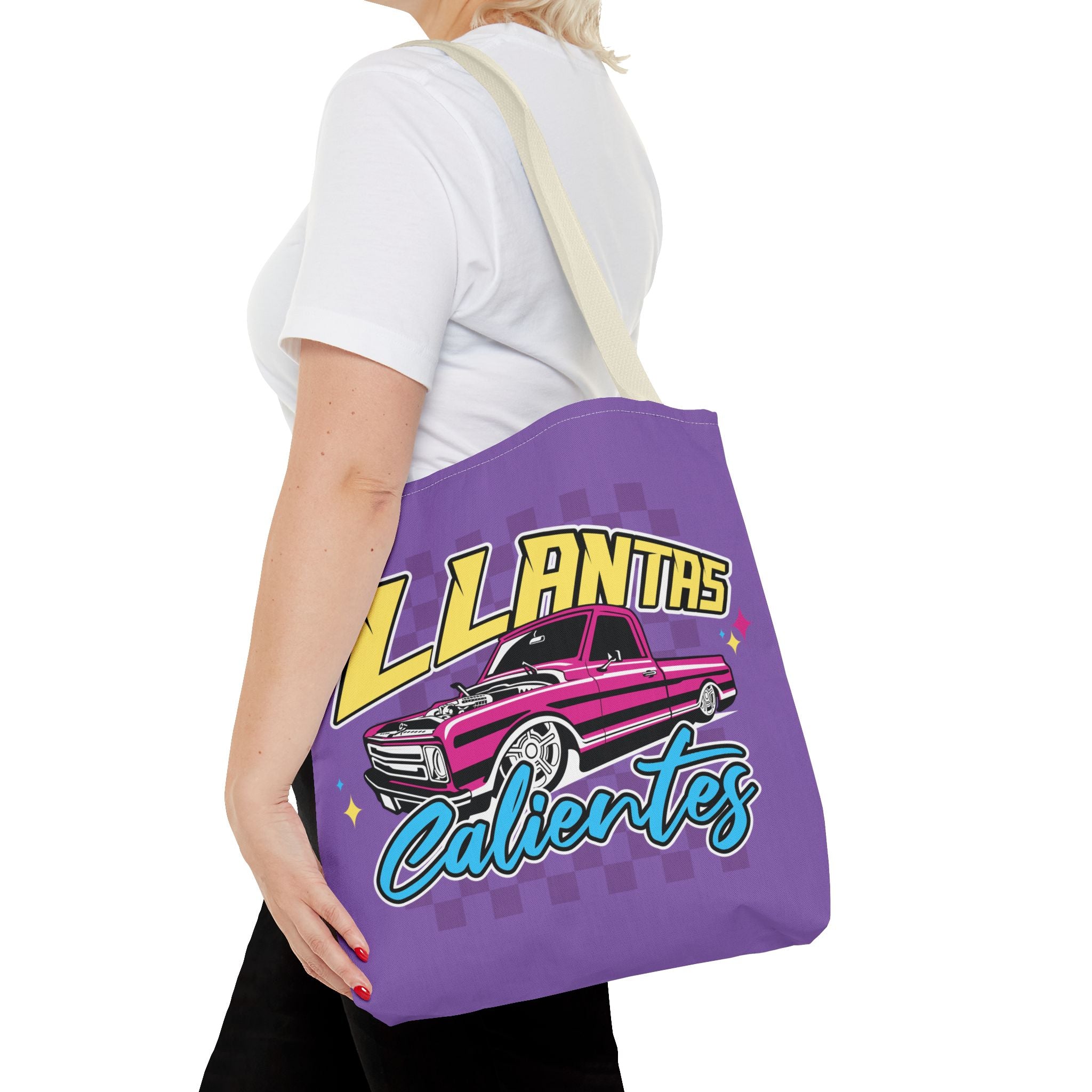 Purple market tote featuring Llantas Calientes lowrider car art