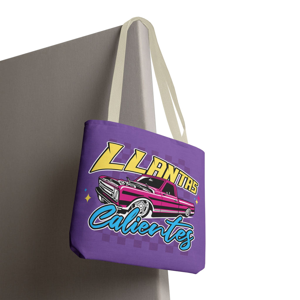 Reusable fabric tote featuring retro car artwork and vibrant lettering