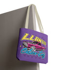 Reusable fabric tote featuring retro car artwork and vibrant lettering