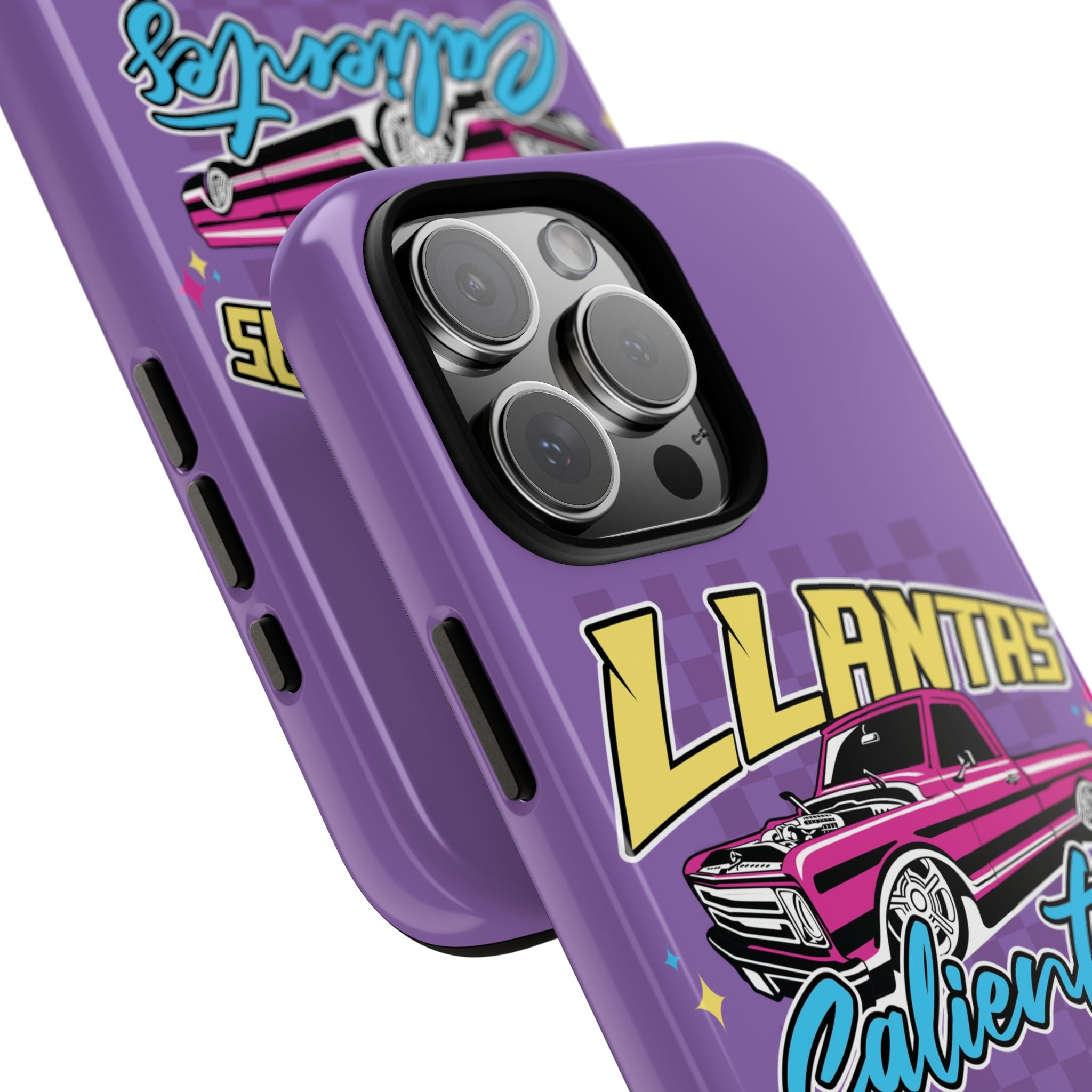 Llantas Calientes purple iPhone case with retro truck design