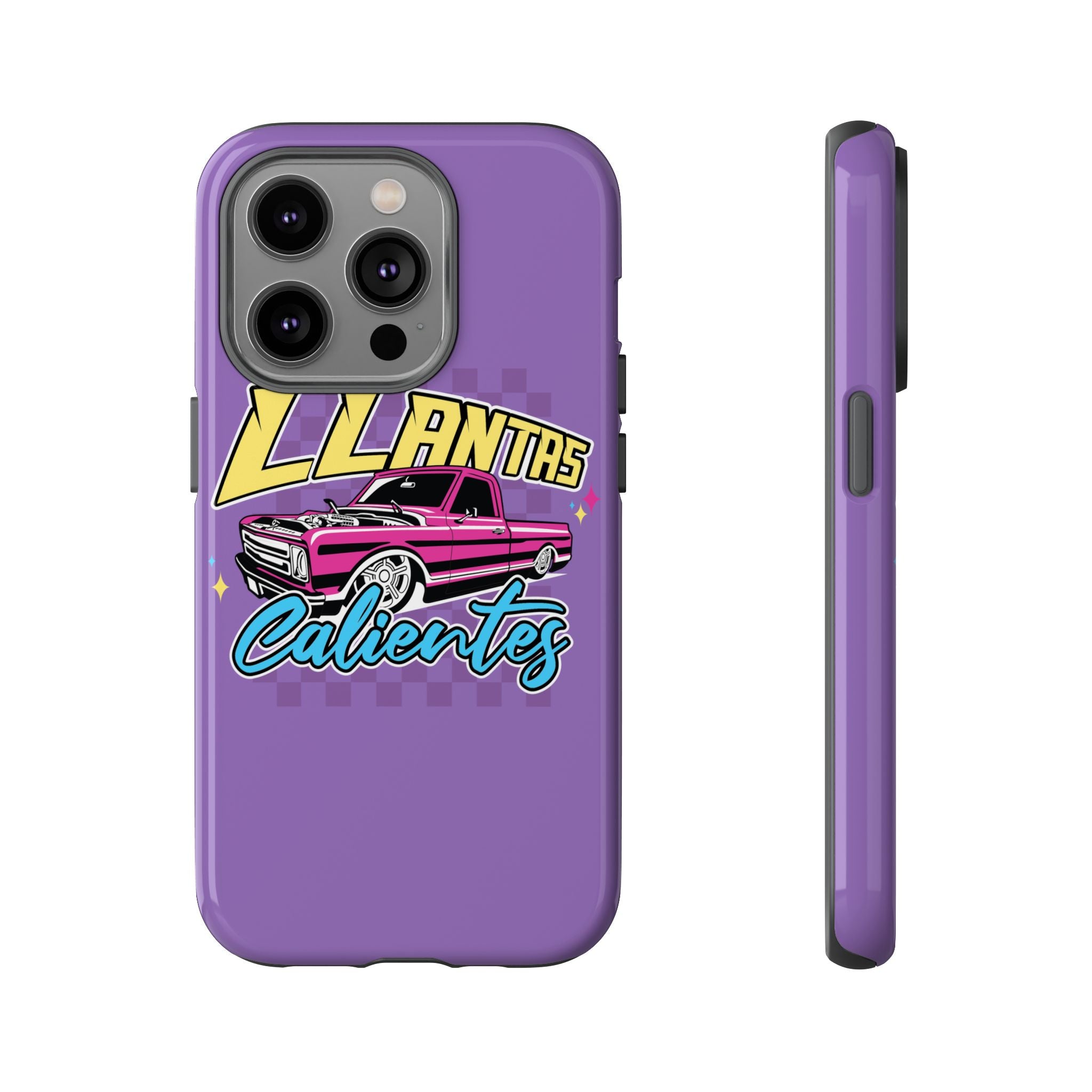 Llantas Calientes purple iPhone case with retro truck design