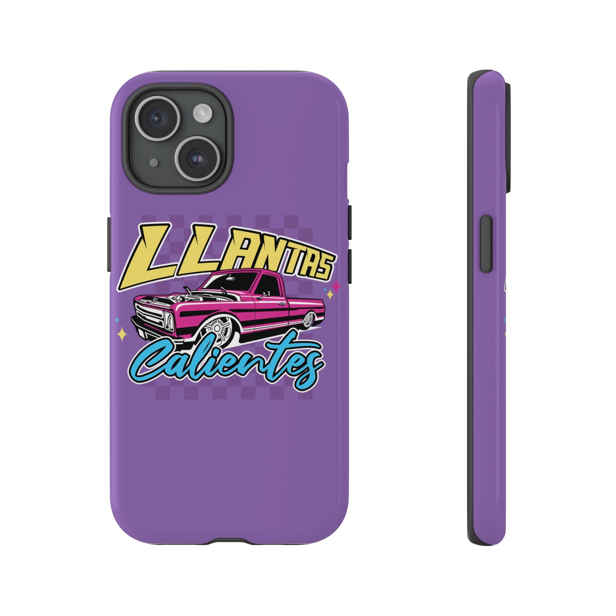 Stylish purple iPhone case with bold Llantas Calientes graphic