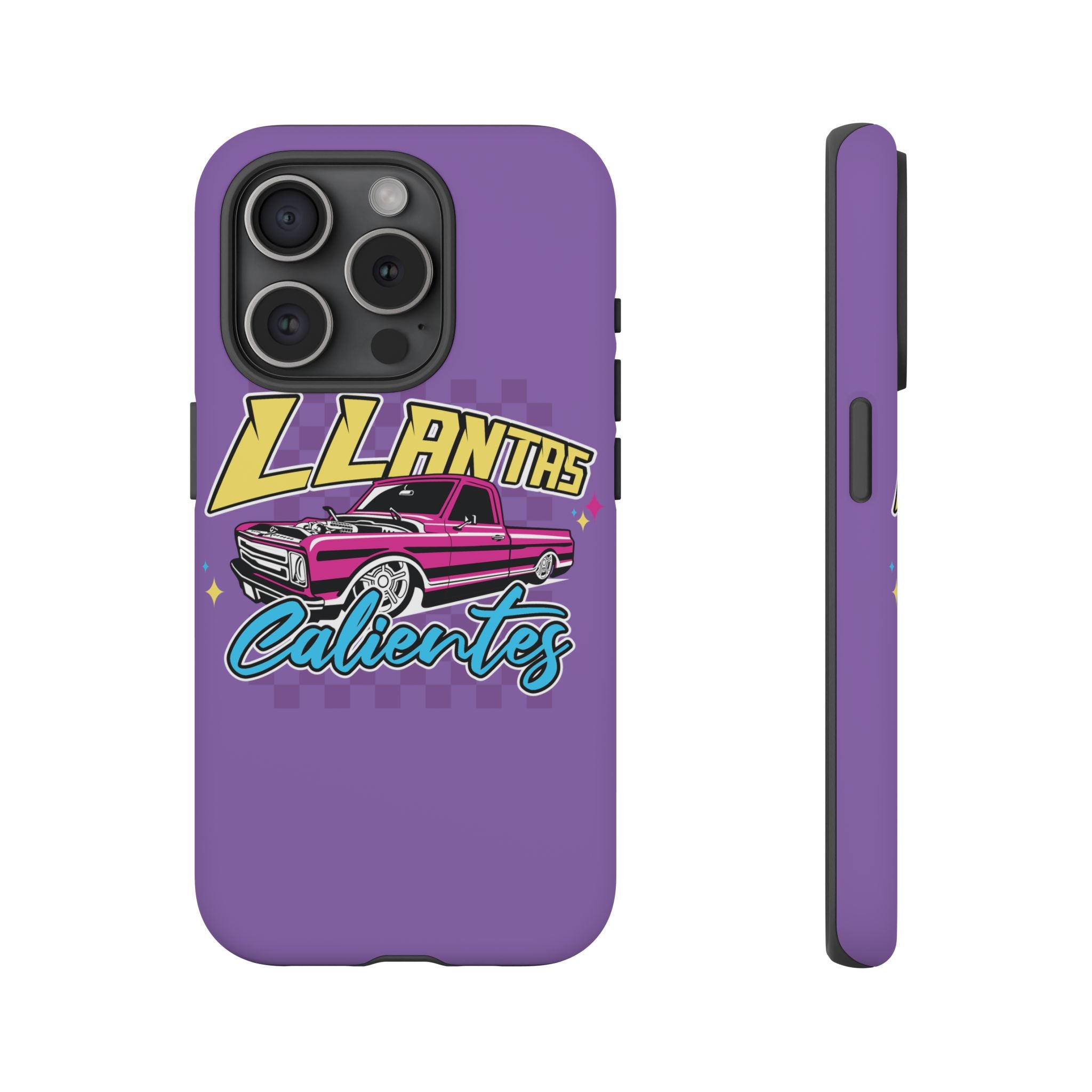 Llantas Calientes purple iPhone case with retro truck design