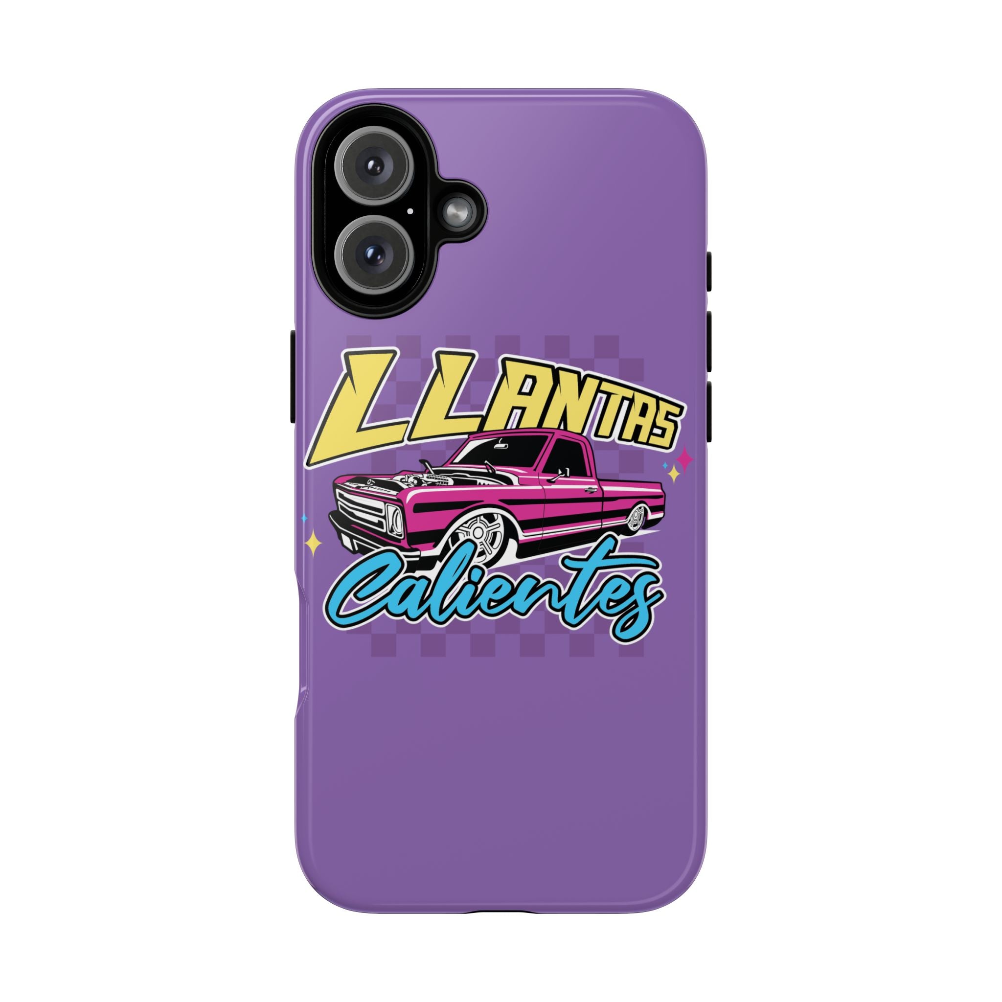 Protective iPhone case in purple featuring car enthusiast graphic