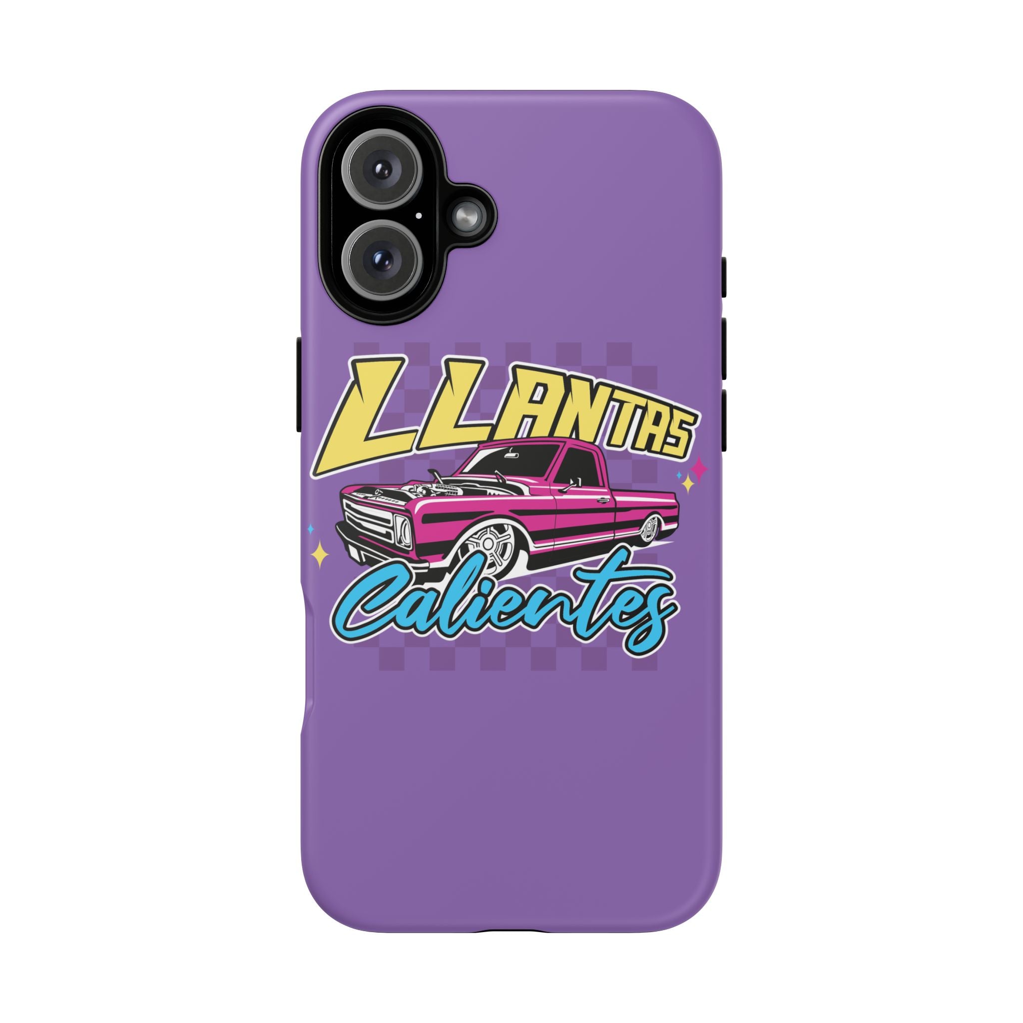 Stylish purple iPhone 16 Pro case with bold Llantas Calientes graphic