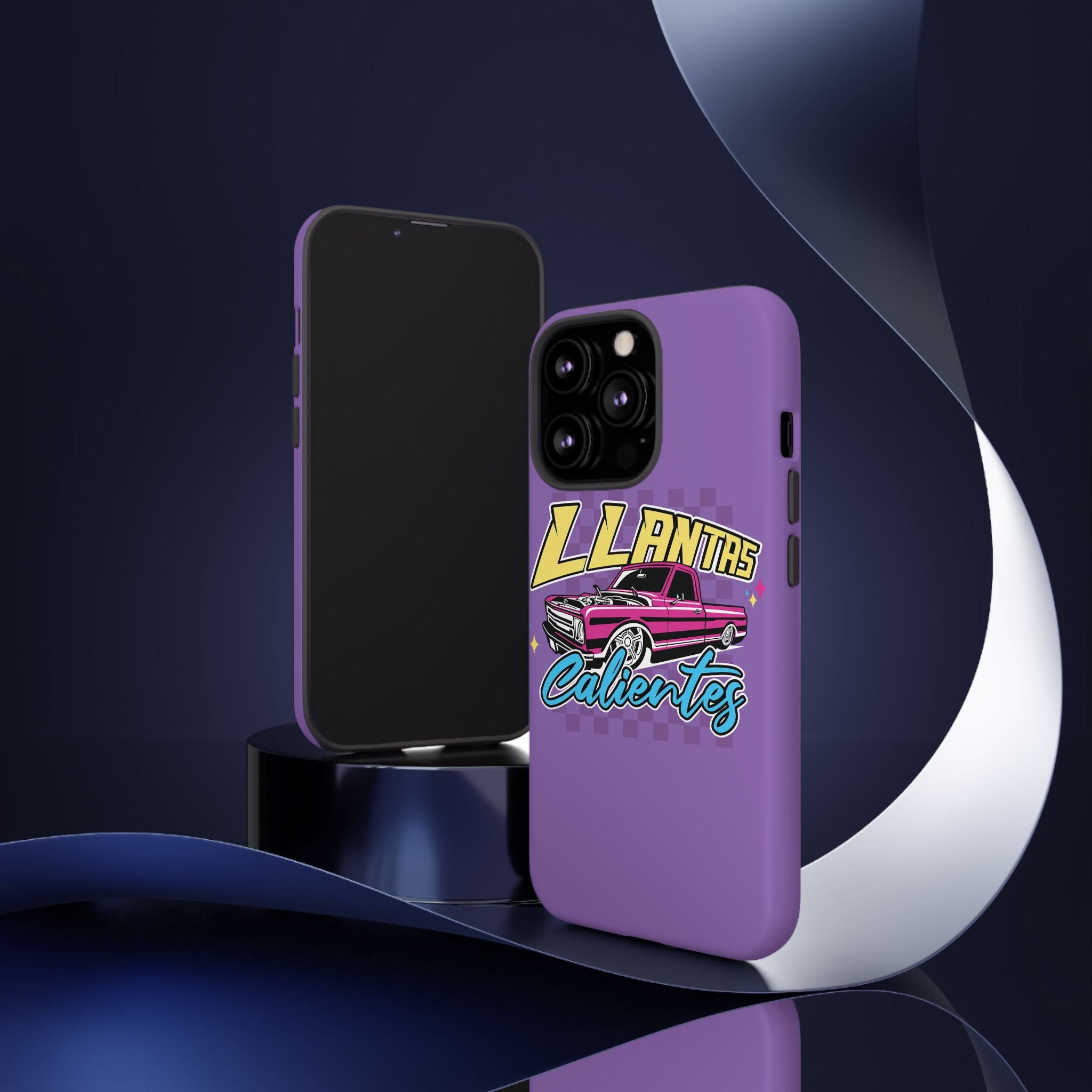 Protective iPhone case in purple featuring car enthusiast graphic