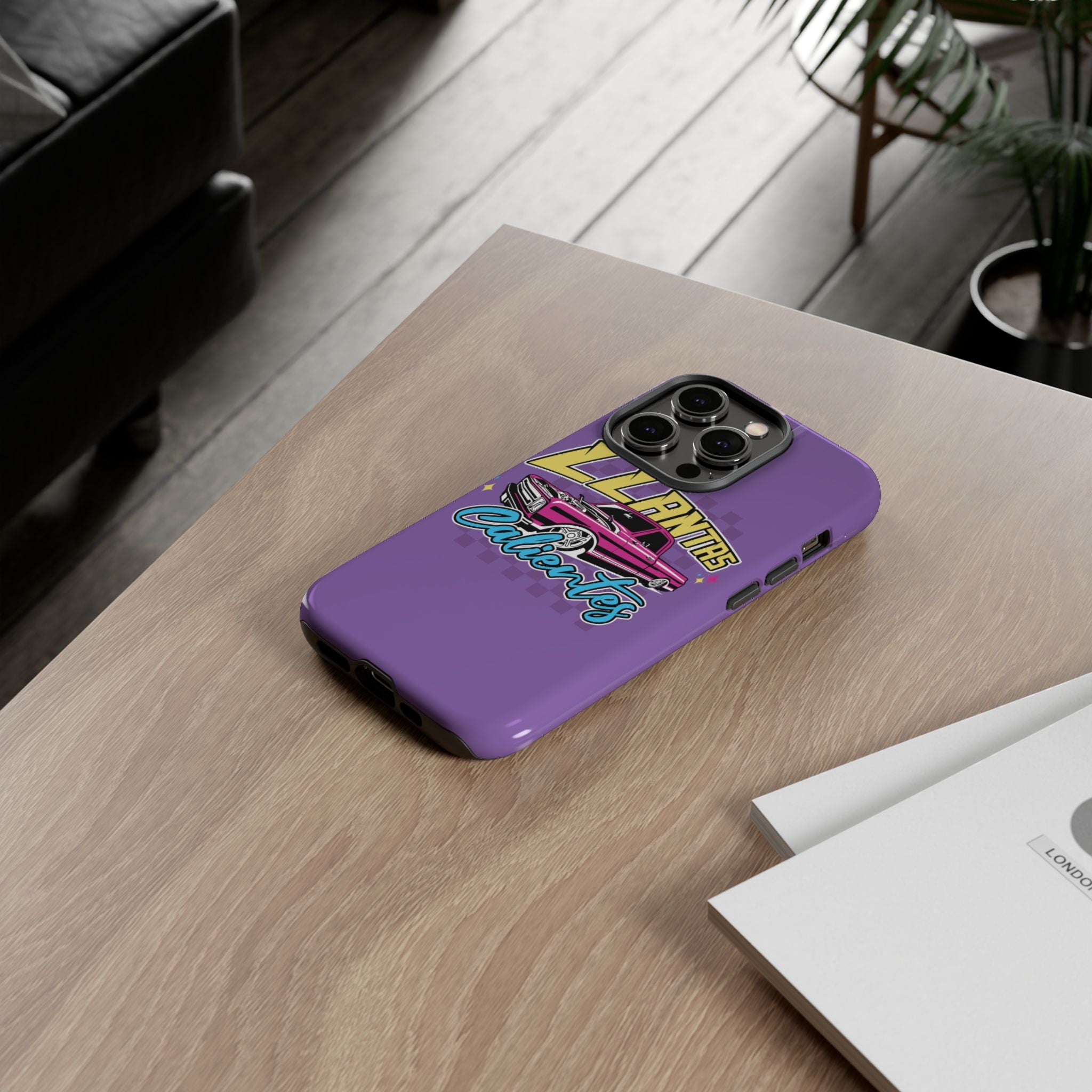 Protective iPhone case in purple featuring car enthusiast graphic