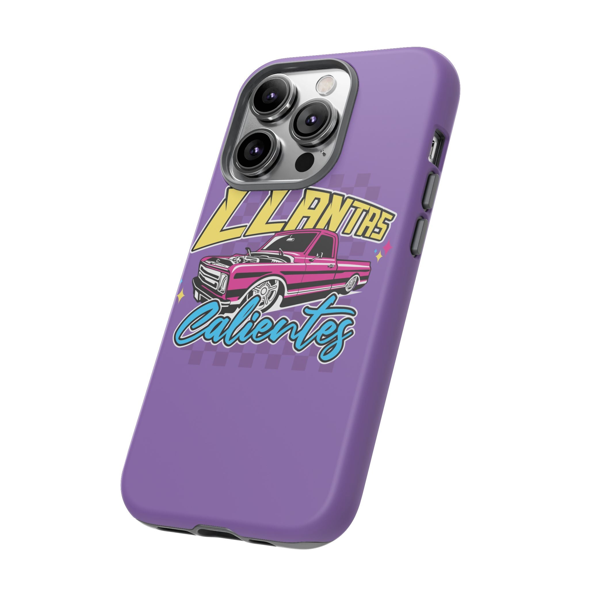 Stylish purple iPhone case with bold Llantas Calientes graphic