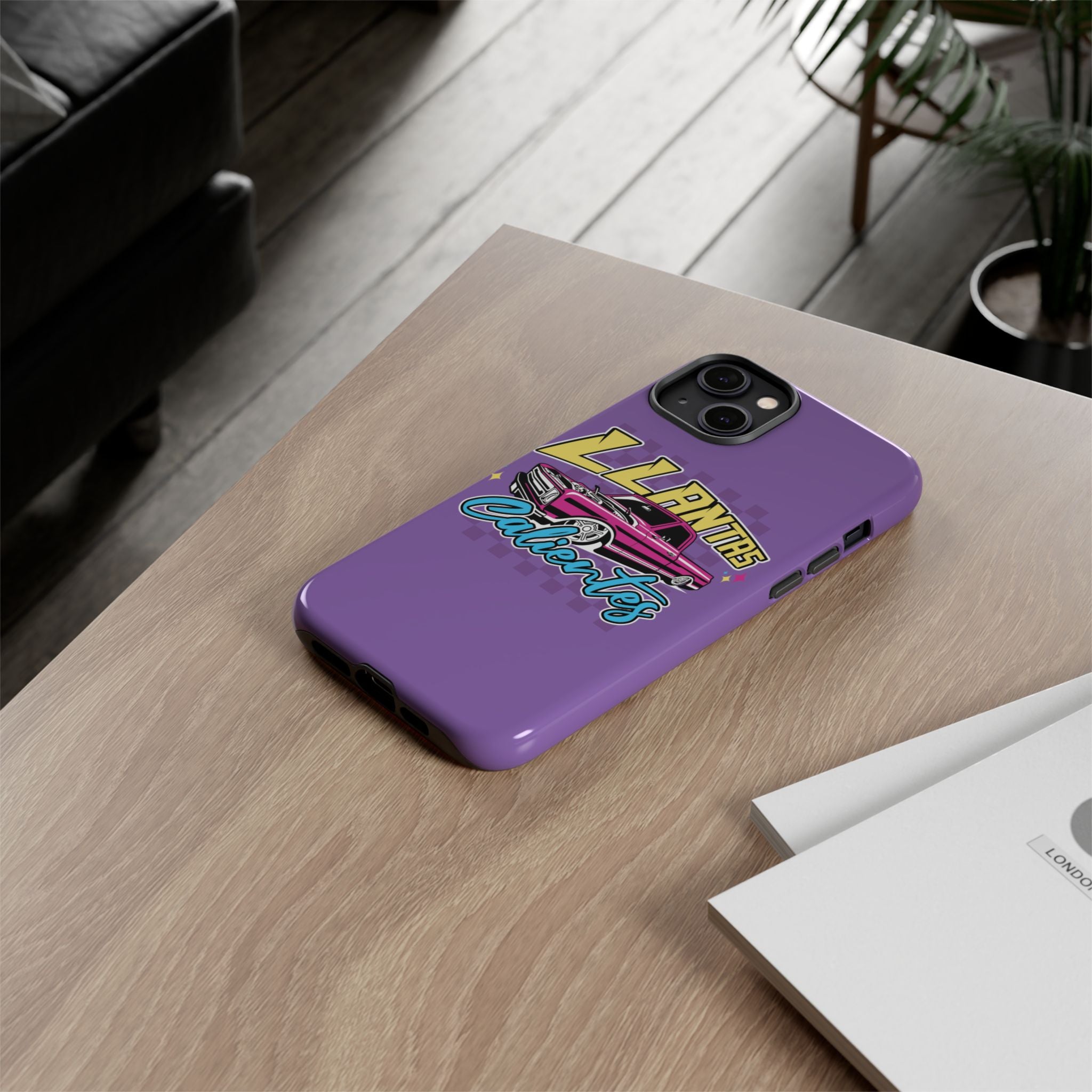 Llantas Calientes purple iPhone case with retro truck design