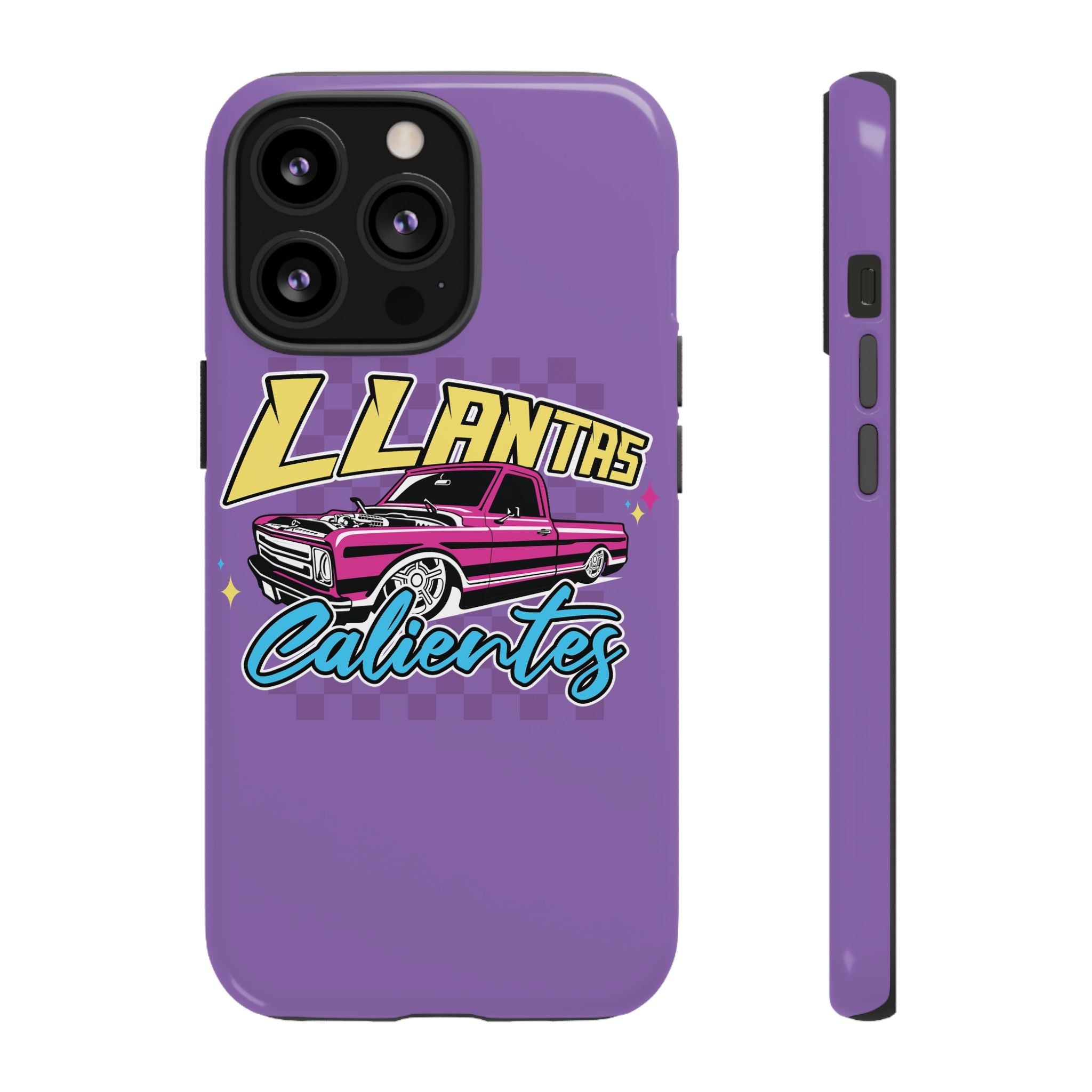 Protective iPhone case in purple featuring car enthusiast graphic