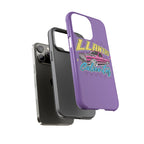 Protective iPhone case in purple featuring car enthusiast graphic