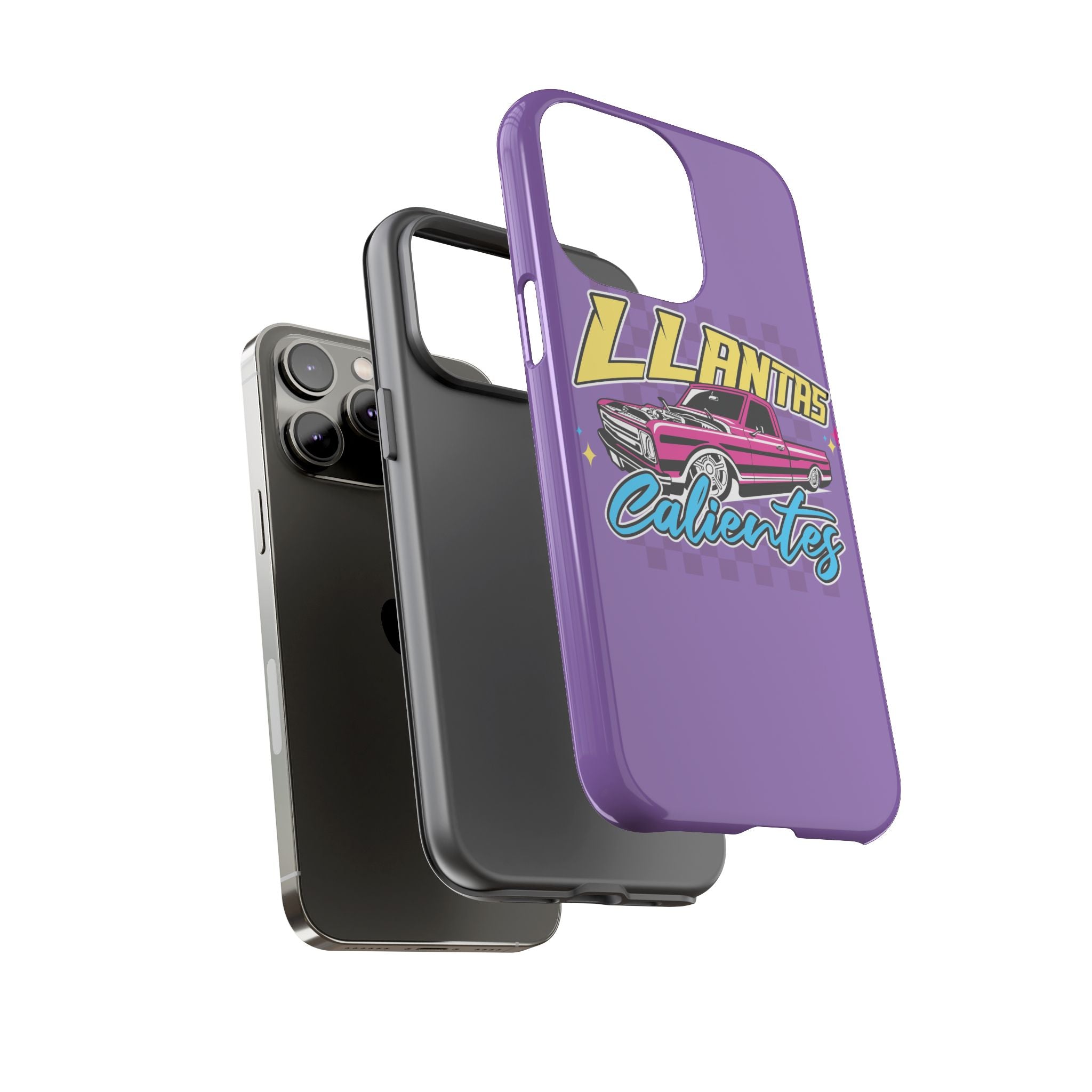 Protective iPhone case in purple featuring car enthusiast graphic